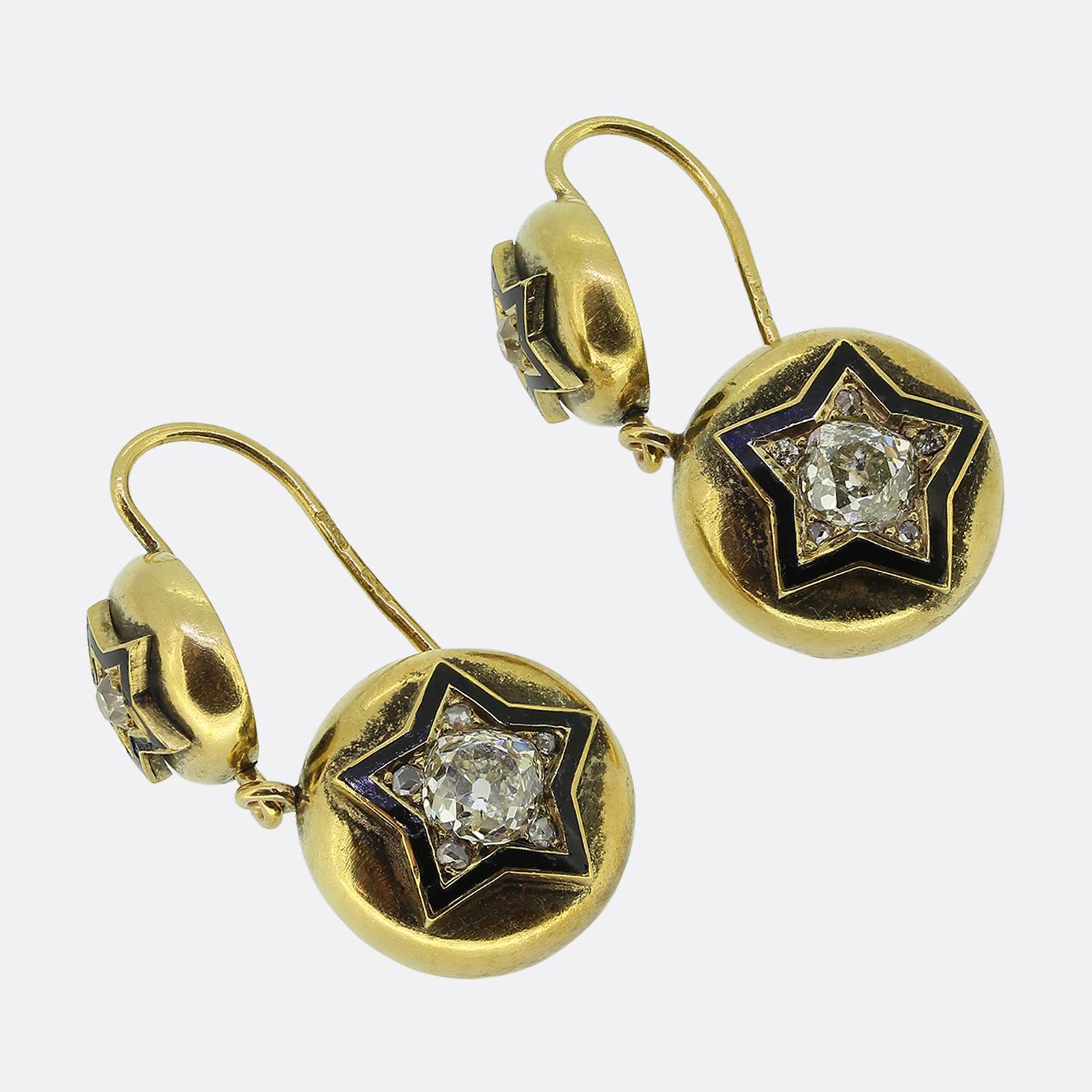 Antique Old Cut Diamond and Enamelled Star Drop Earrings In Good Condition In London, GB