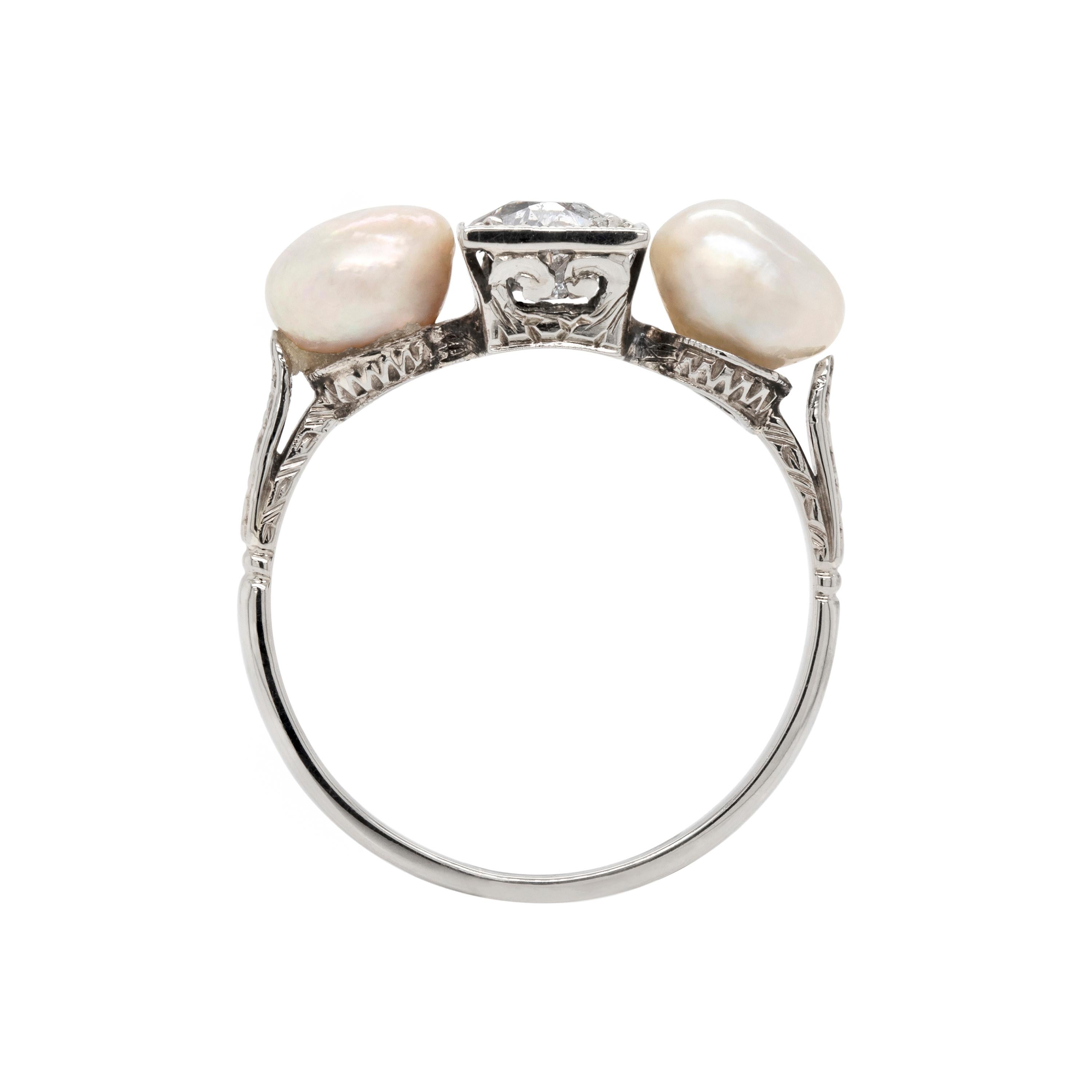 Art Deco Antique Old Cut Diamond and Natural Pearl 18 Carat White Gold Ring, c1920's For Sale