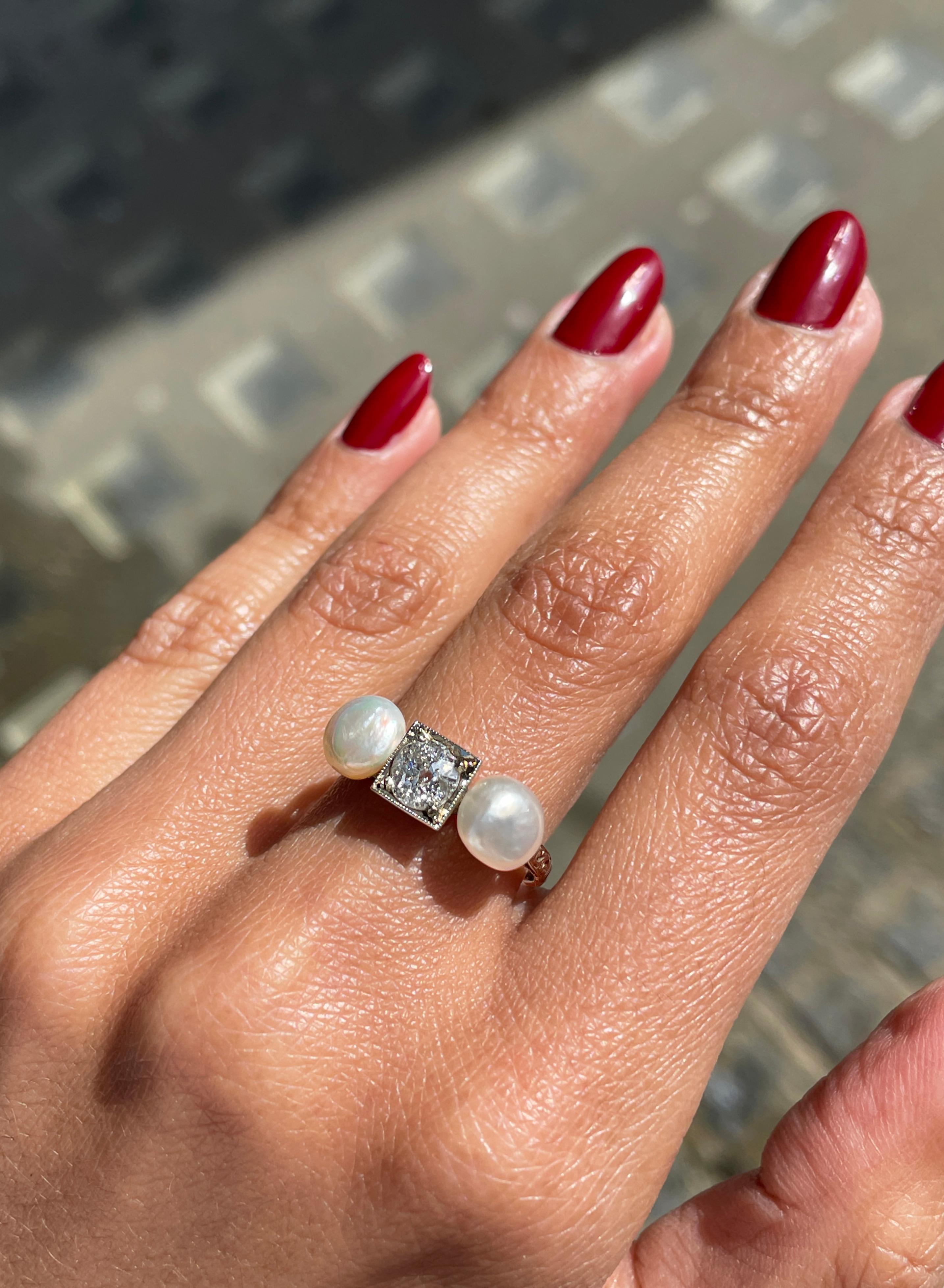 Old European Cut Antique Old Cut Diamond and Natural Pearl 18 Carat White Gold Ring, c1920's For Sale