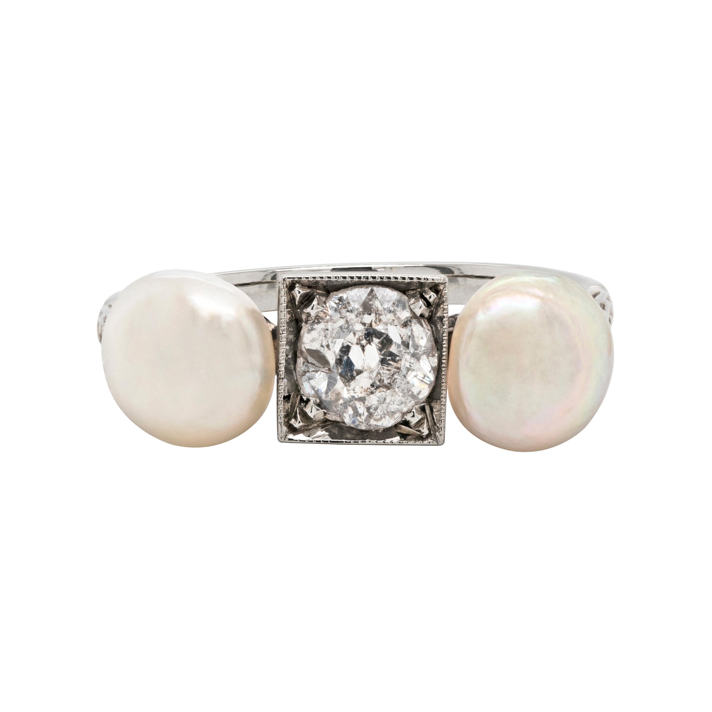 Antique Old Cut Diamond and Natural Pearl 18 Carat White Gold Ring, c1920's