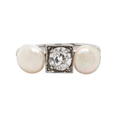 Antique Old Cut Diamond and Natural Pearl 18 Carat White Gold Ring, c1920's