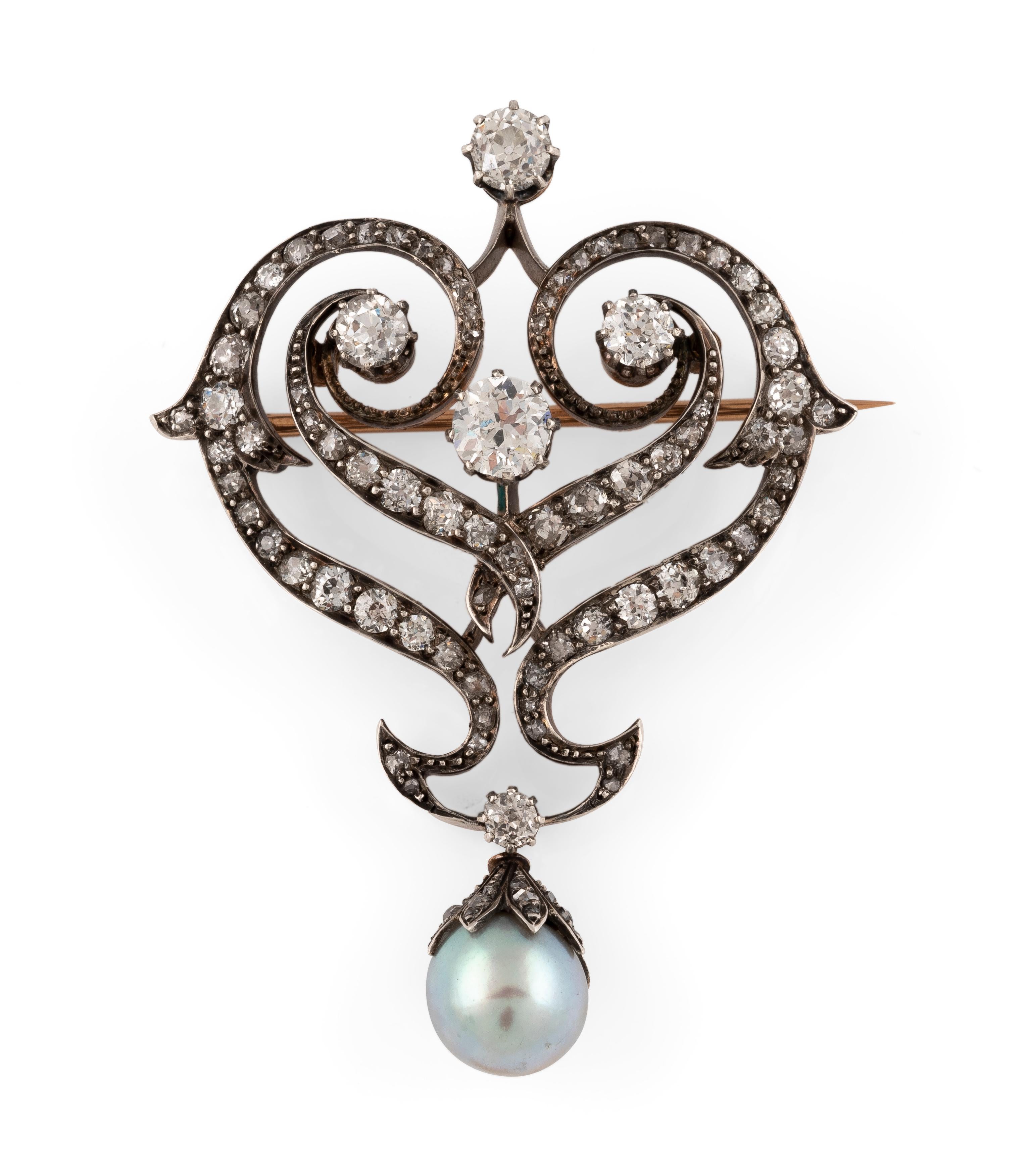 Broche antiguo de diamantes talla antigua y perlas Corte europeo antiguo en venta