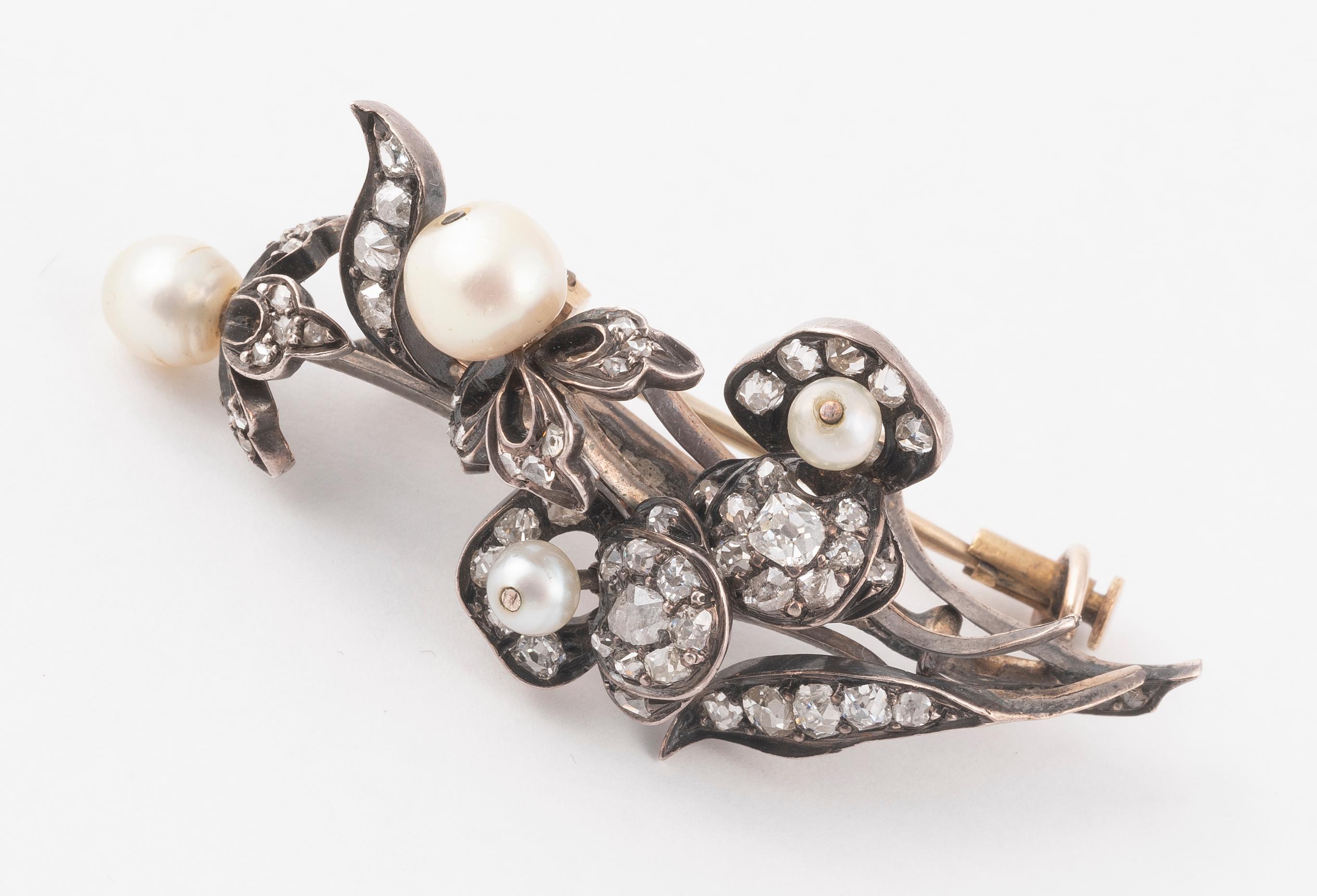 Victorian Antique Old Cut Diamond and Natural Pearl Brooch For Sale