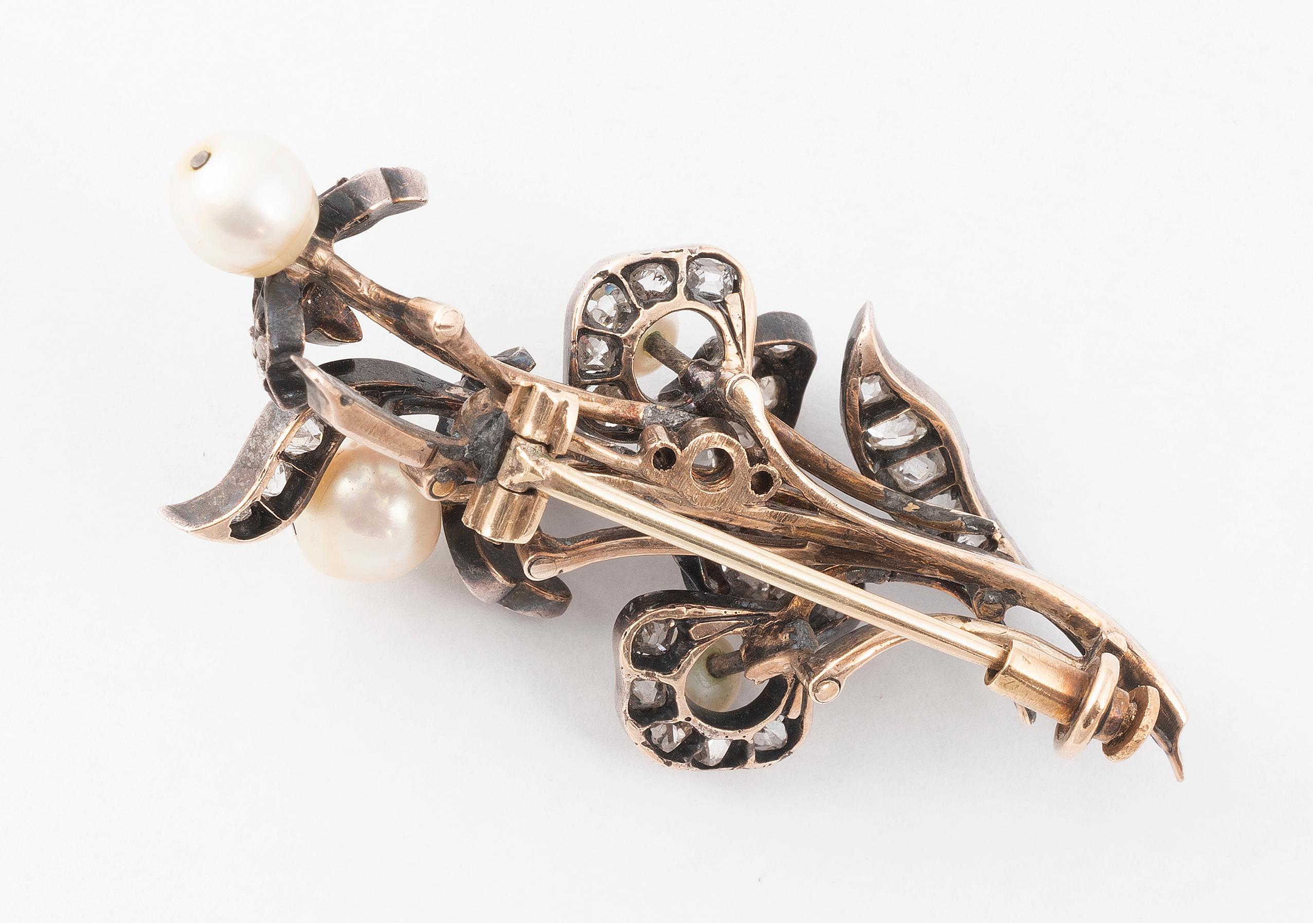 Old European Cut Antique Old Cut Diamond and Natural Pearl Brooch For Sale