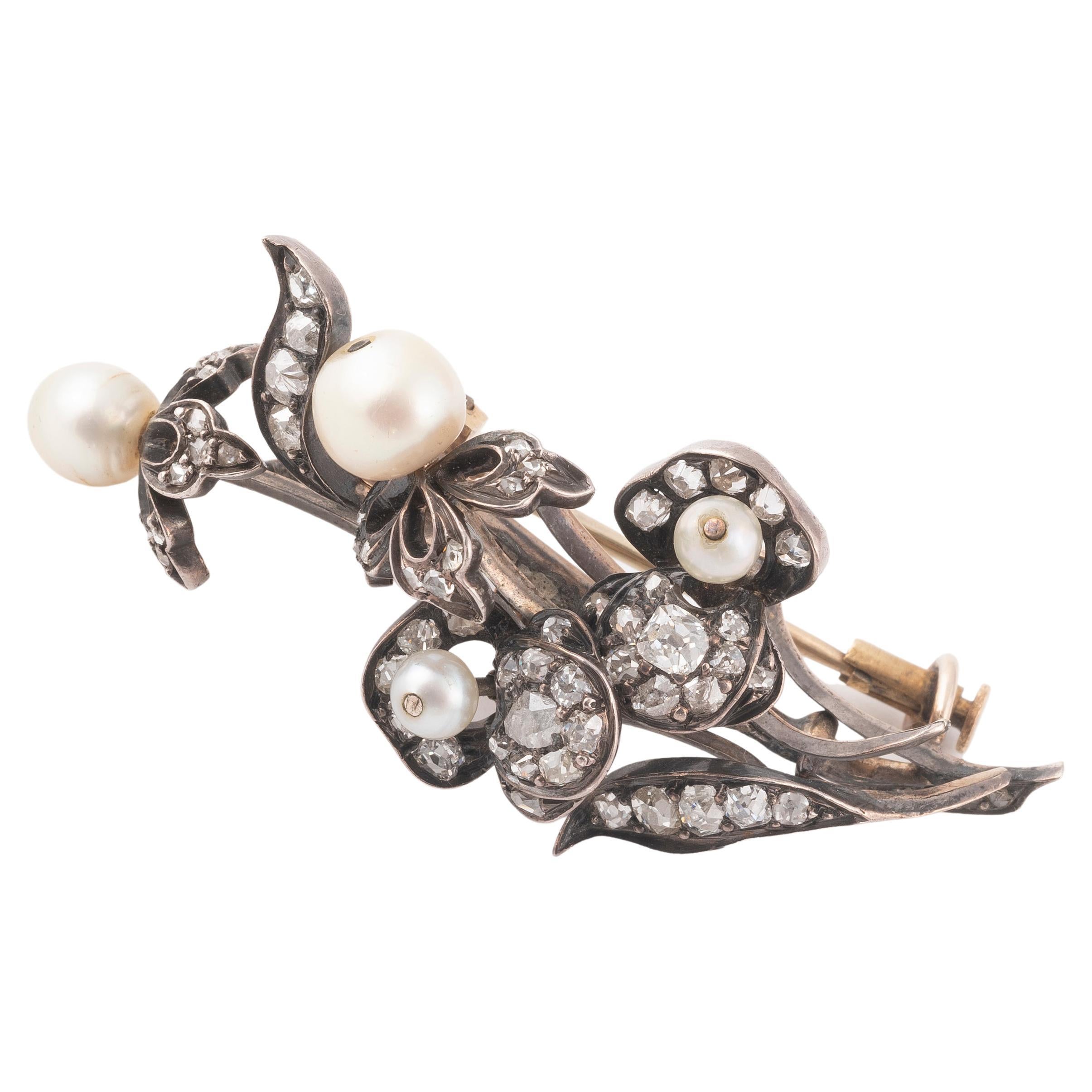 Antique Old Cut Diamond and Natural Pearl Brooch For Sale