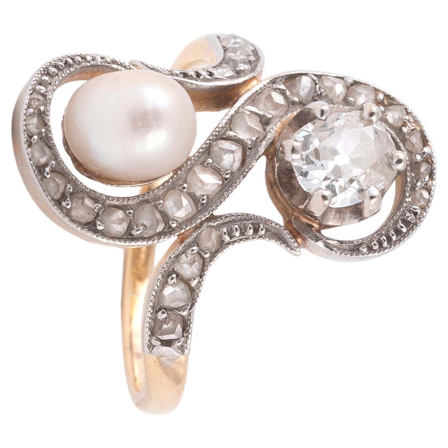Napoleon III Antique Old Cut Diamond And Natural Pearl Ring For Sale