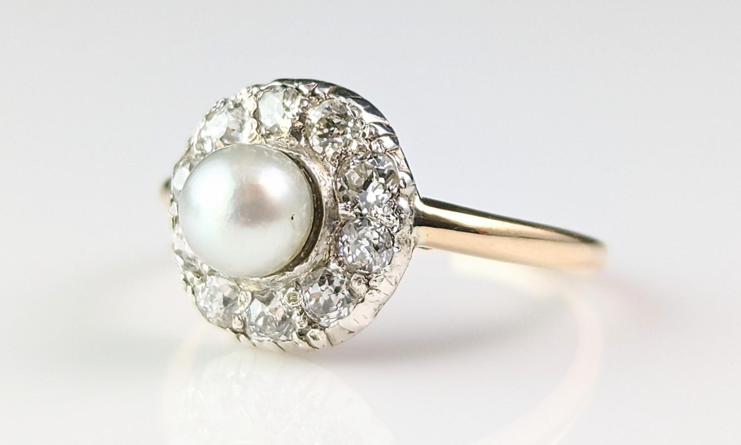 Antique Old cut Diamond and Pearl halo ring, 18k gold  6