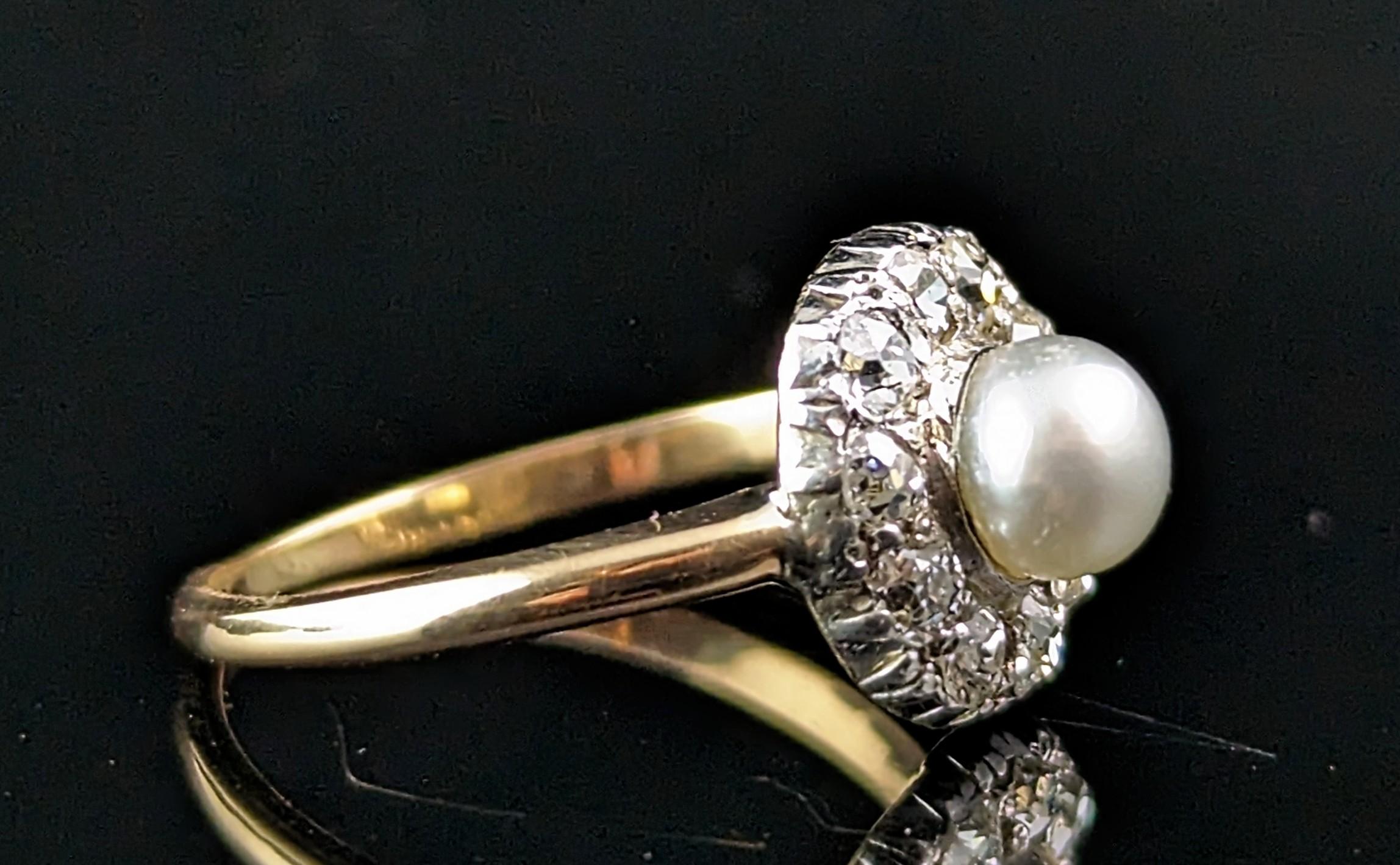 Antique Old cut Diamond and Pearl halo ring, 18k gold  In Good Condition In NEWARK, GB