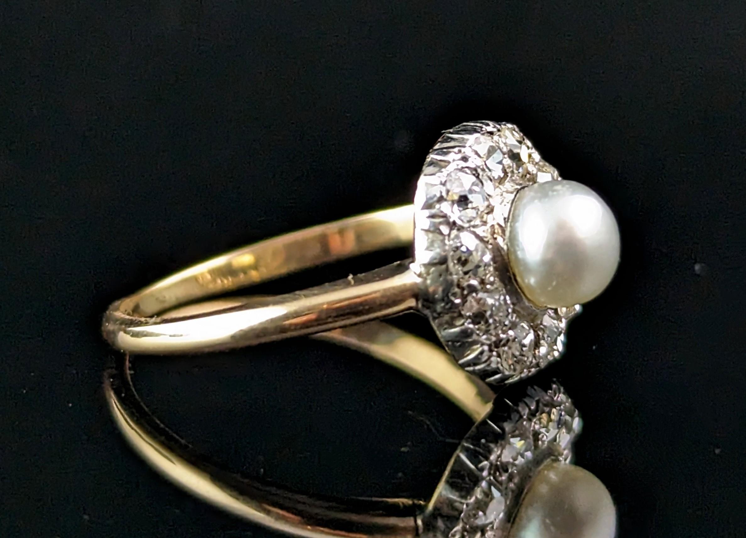 Antique Old cut Diamond and Pearl halo ring, 18k gold  1