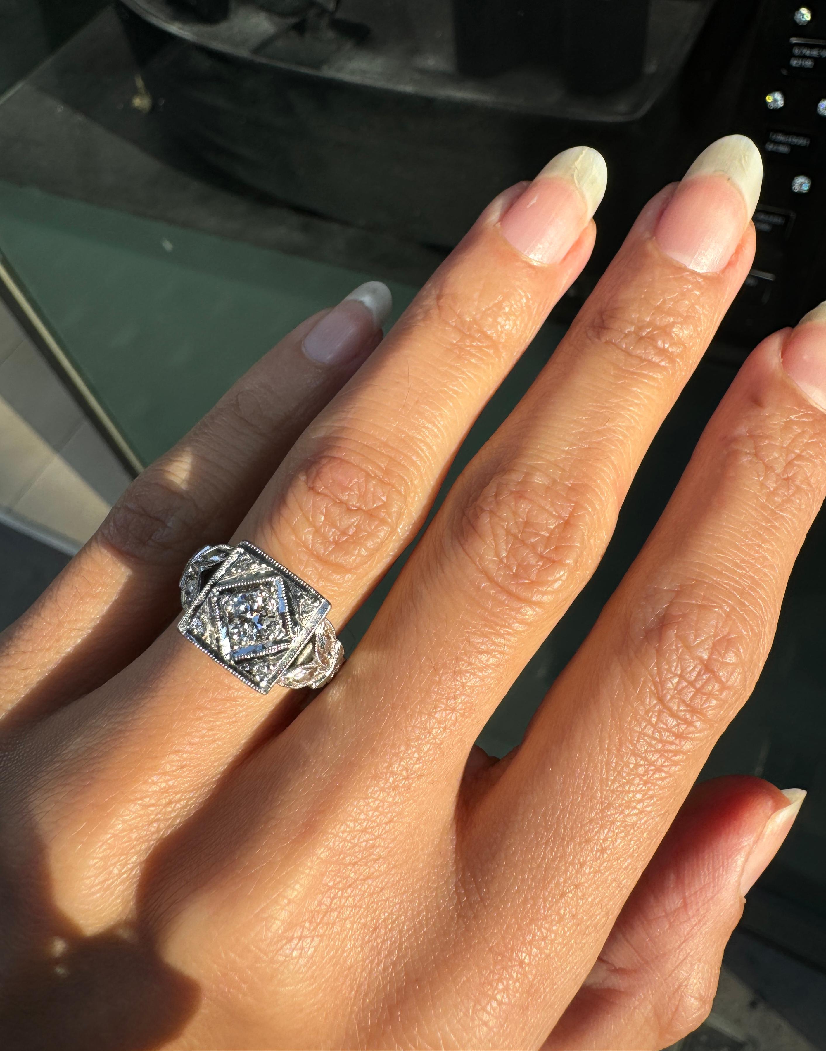 Women's or Men's Antique Old Cut Diamond and Platinum Hand Carved Cluster Dress Ring, circa 1920s For Sale