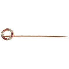 Vintage Old Cut Diamond and Red Ruby 14 Carat Gold Coat and Hat Pin with Box