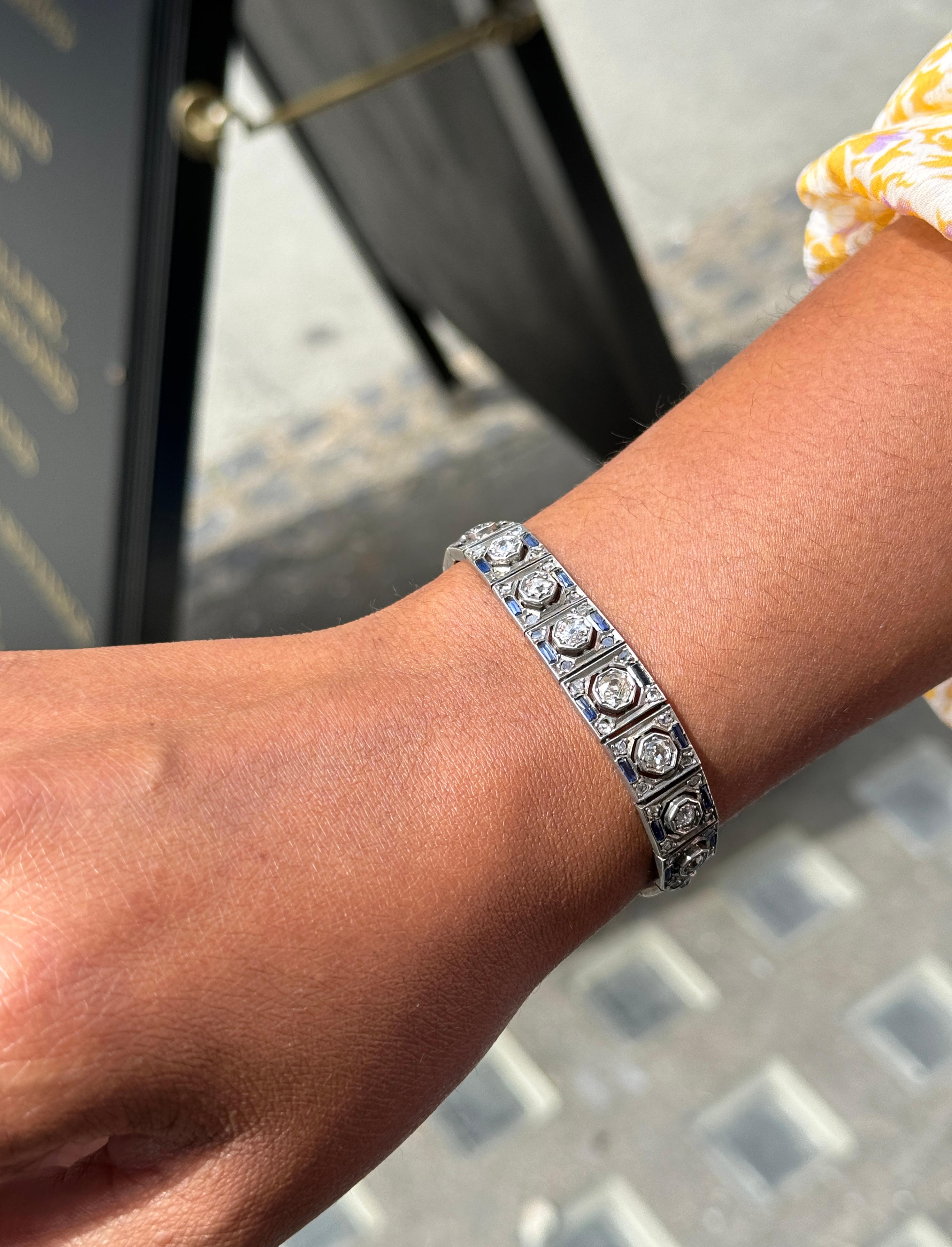 Antikes Silberarmband mit Diamanten und Saphiren im Altschliff Damen