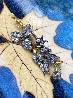 Antique Old Cut Diamond Branch Brooch Silver Gold Buts Leaf Shape Art Nouveau