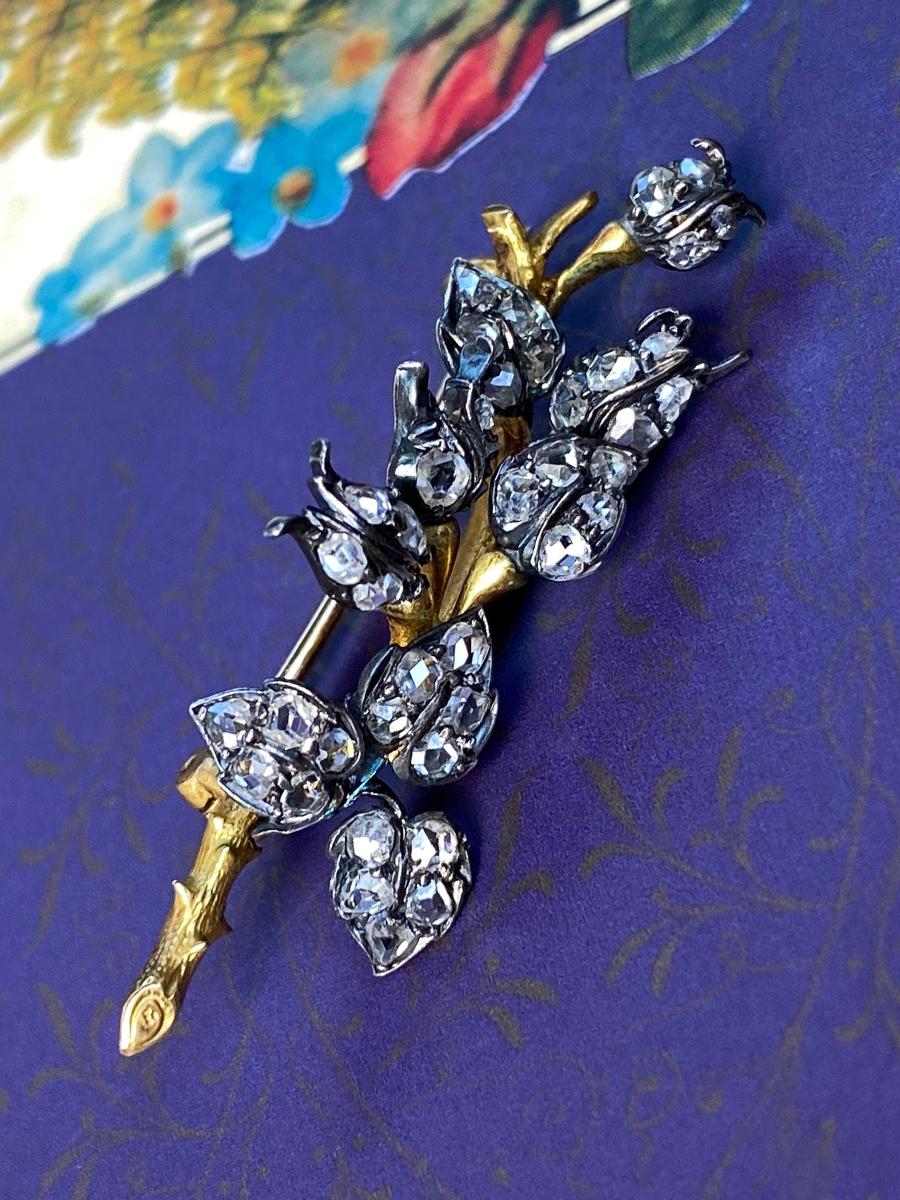 Artisan Antique Old Cut Diamond Branch Brooch Silver Gold Buts Leaf Shape Art Nouveau For Sale