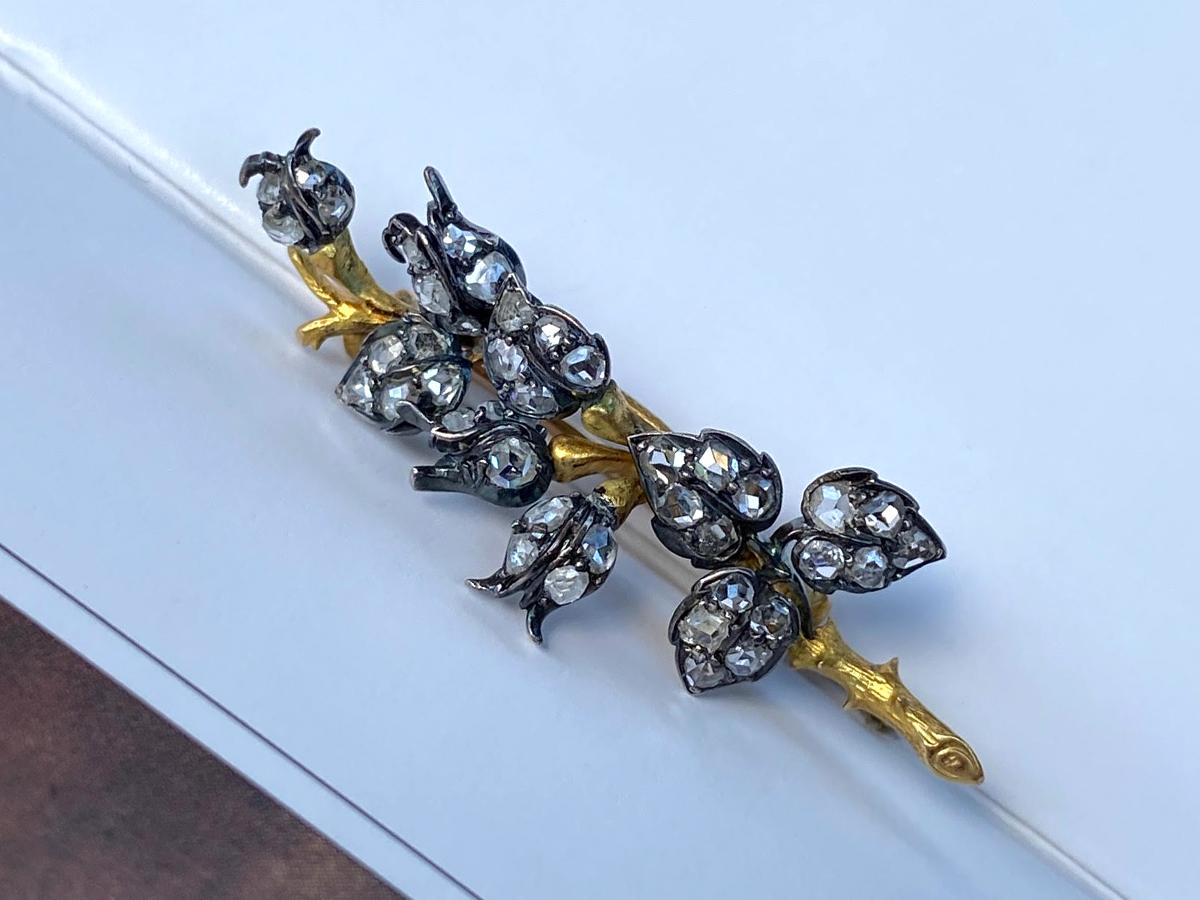 Antique Old Cut Diamond Branch Brooch Silver Gold Buts Leaf Shape Art Nouveau For Sale 1