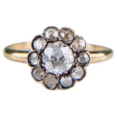 Antique Old Cut Diamond Cluster Flower Ring Silver/14k Yellow Gold