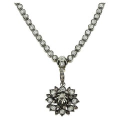 Antique Old Cut Diamond Cluster Pendant and Chain Antique Old Cut Diamond Cluster Pendant and Chain