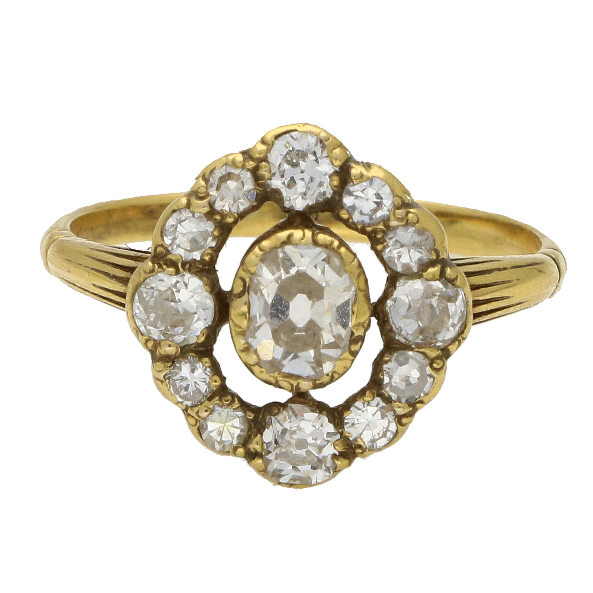 Old Mine Cut Antique Old Cut Diamond Cluster Ring Set in 18k Yellow Gold For Sale