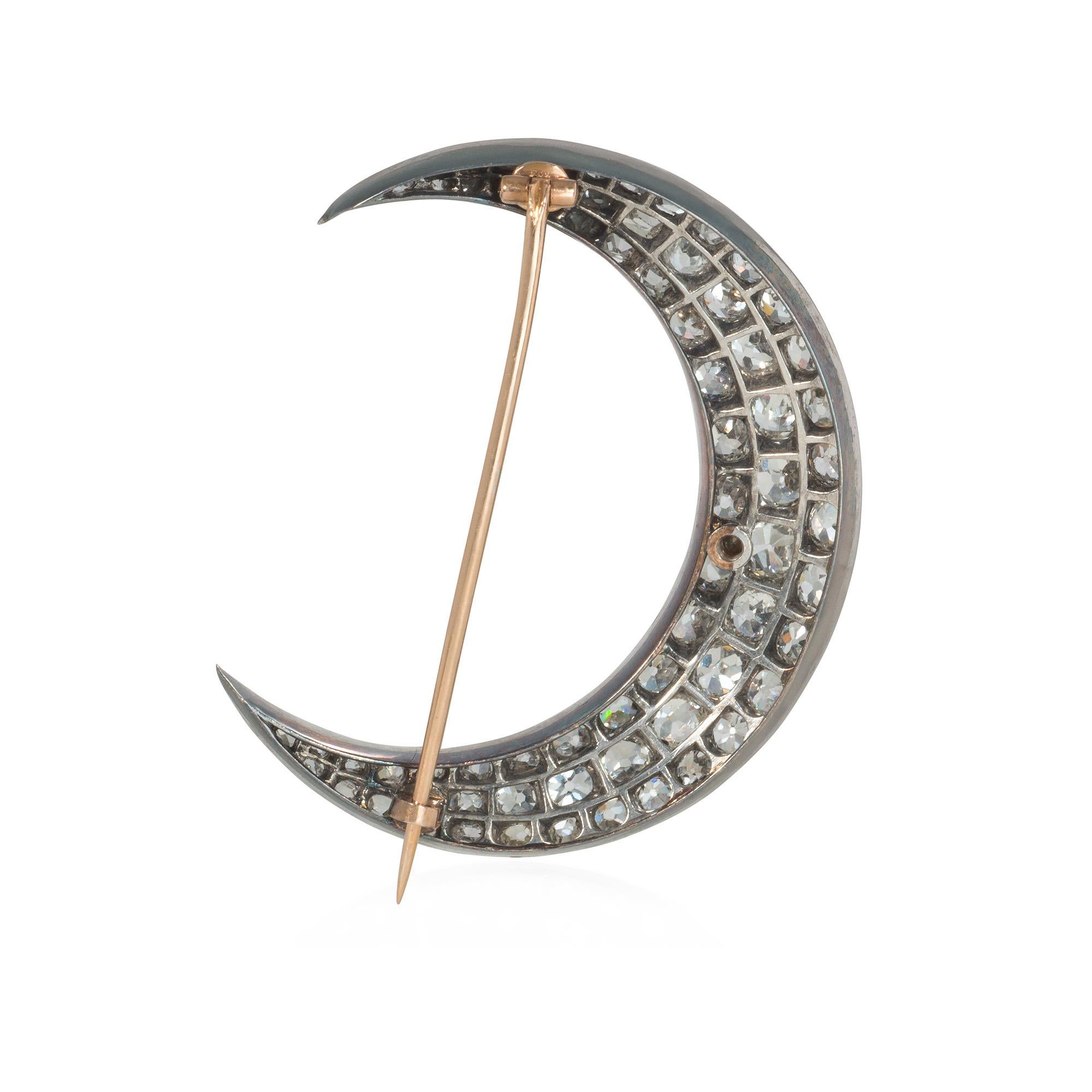 Victorian Antique Old Cut Diamond Crescent Moon Brooch in Silver-Topped Gold For Sale