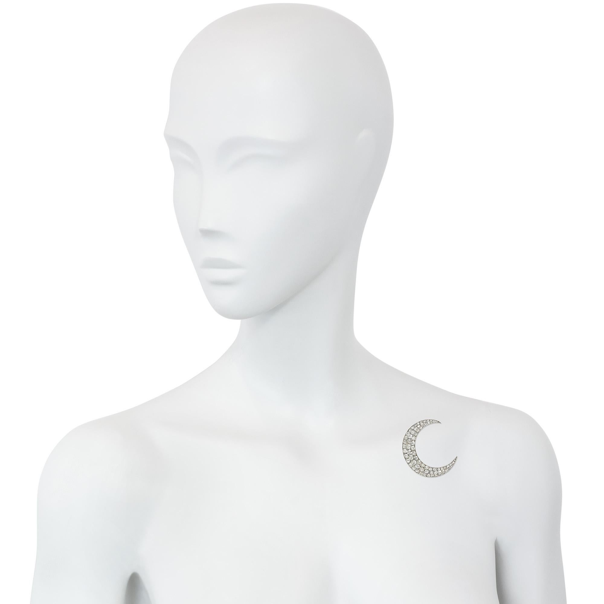 Old European Cut Antique Old Cut Diamond Crescent Moon Brooch in Silver-Topped Gold For Sale
