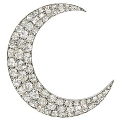 Antique Old Cut Diamond Crescent Moon Brooch in Silver-Topped Gold