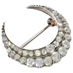 Antique Old Cut Diamond Crescent Shaped Brooch in Silver and 18 Carat White Gold
