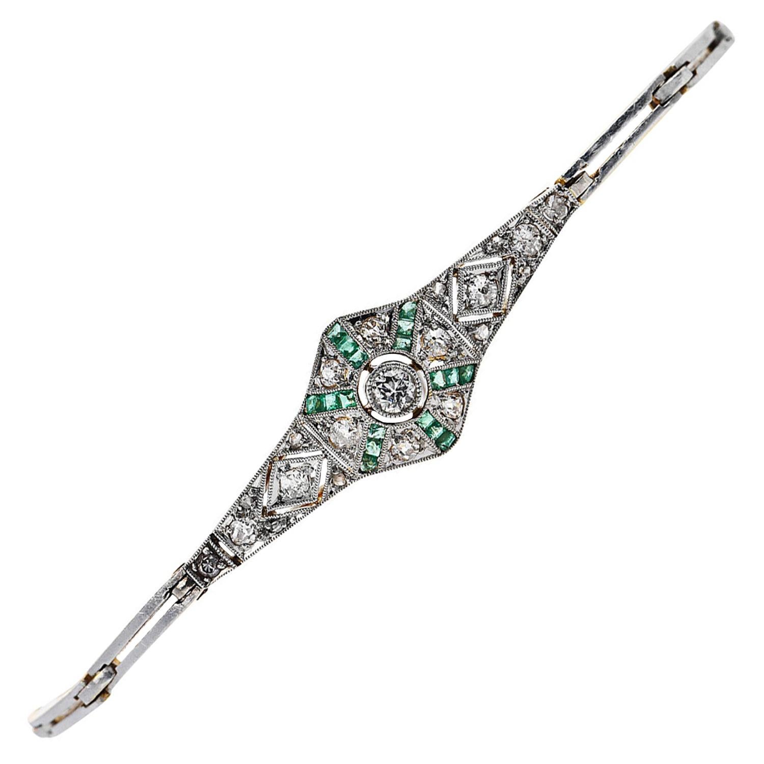 Antique Old Cut Diamond Emerald Platinum 18K Gold Hexagon Link Bracelet