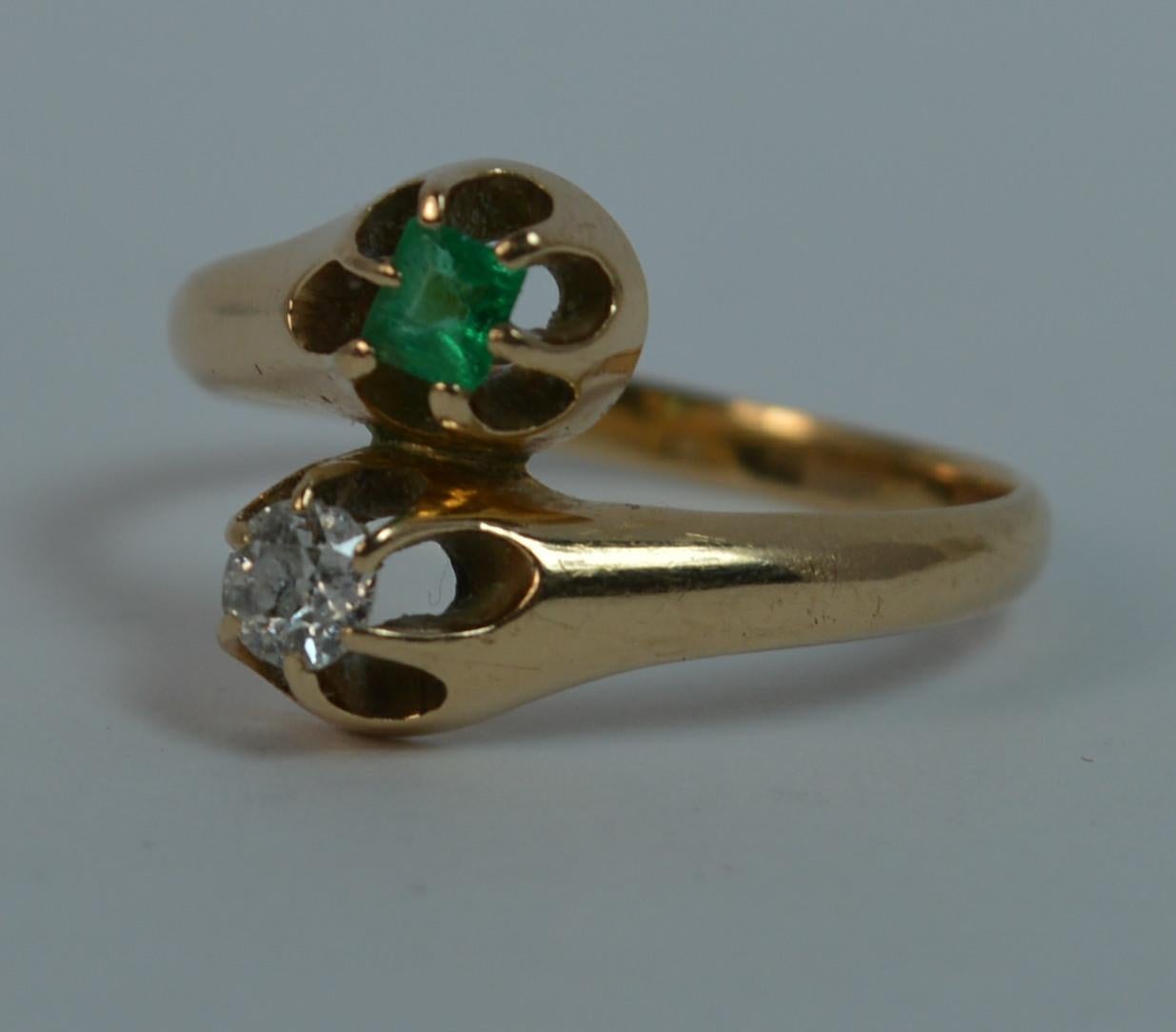 Antique Old Cut Diamond and Emerald Toi et Moi 14 Carat Gold Ring 6