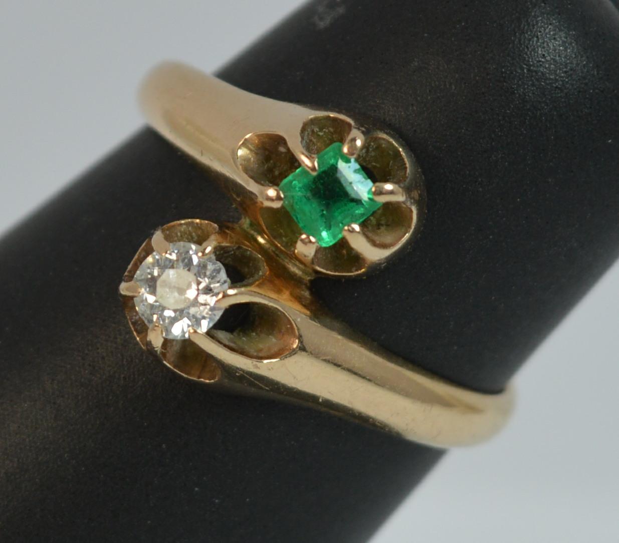 Antique Old Cut Diamond and Emerald Toi et Moi 14 Carat Gold Ring 7