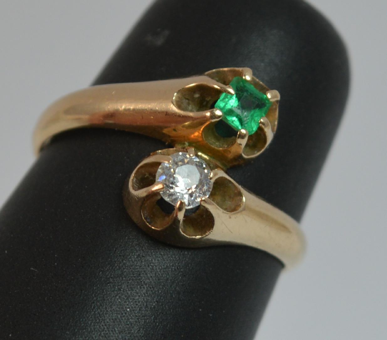 Antique Old Cut Diamond and Emerald Toi et Moi 14 Carat Gold Ring 8