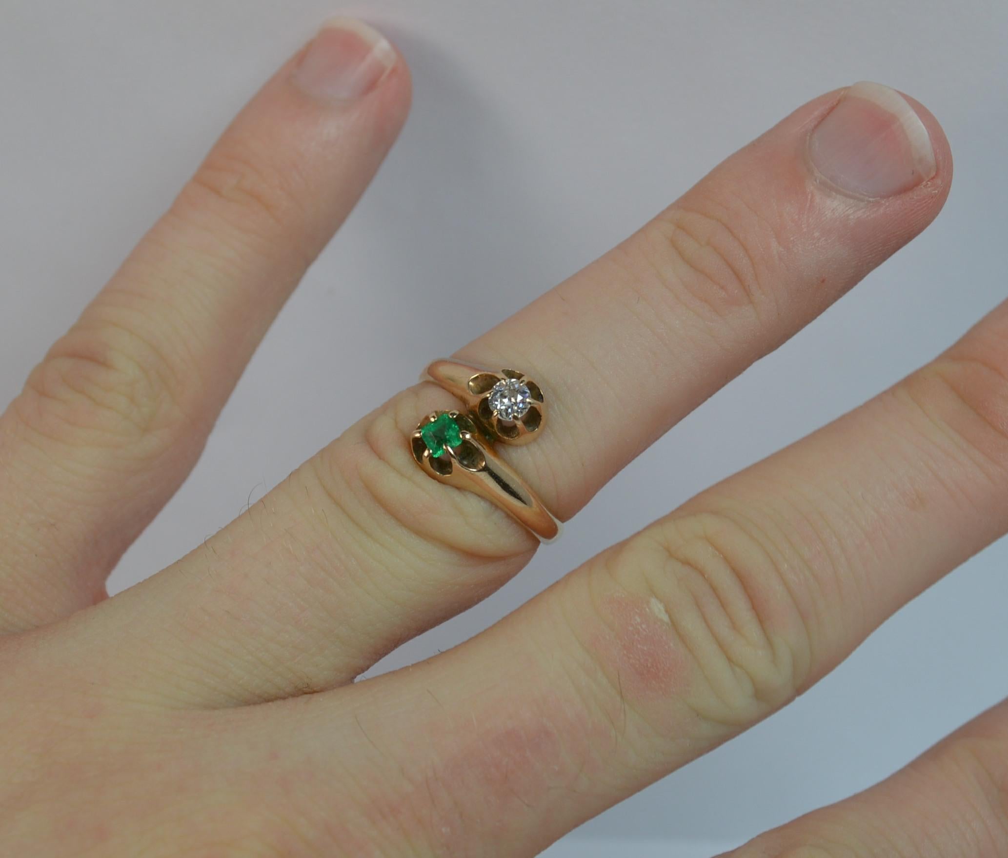 Victorian Antique Old Cut Diamond and Emerald Toi et Moi 14 Carat Gold Ring