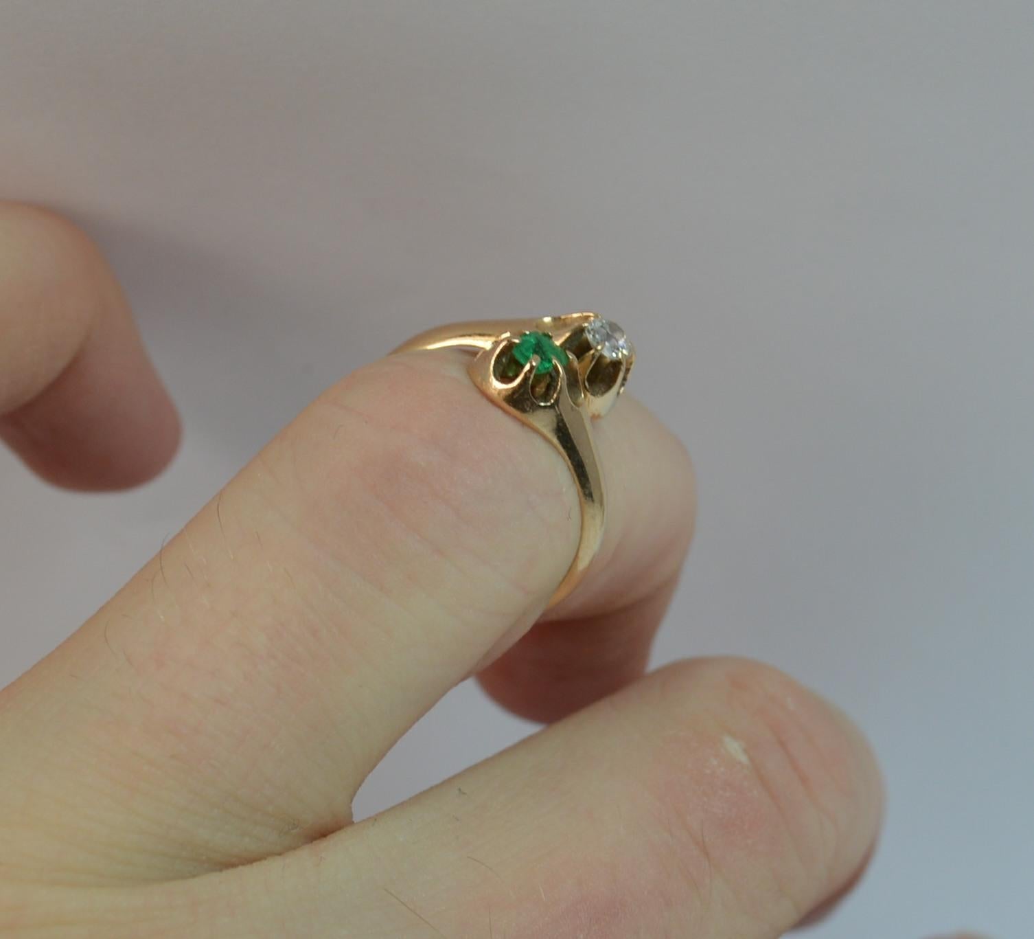 Antique Old Cut Diamond and Emerald Toi et Moi 14 Carat Gold Ring In Good Condition In St Helens, GB