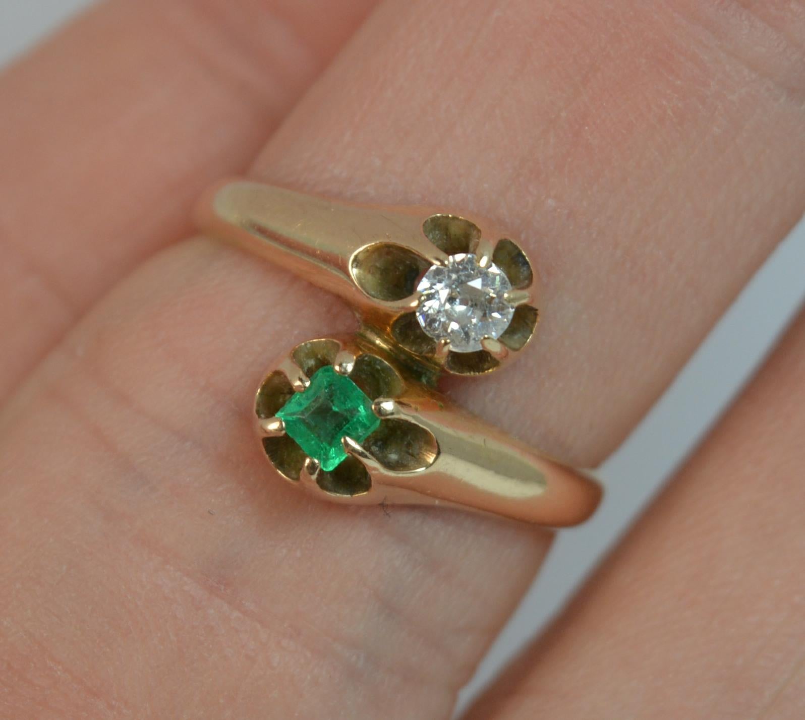 Women's Antique Old Cut Diamond and Emerald Toi et Moi 14 Carat Gold Ring