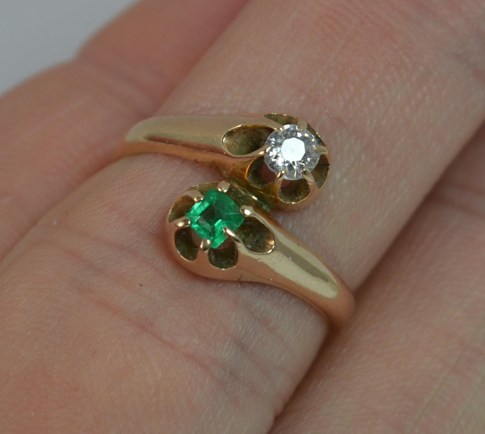 Antique Old Cut Diamond and Emerald Toi et Moi 14 Carat Gold Ring 1