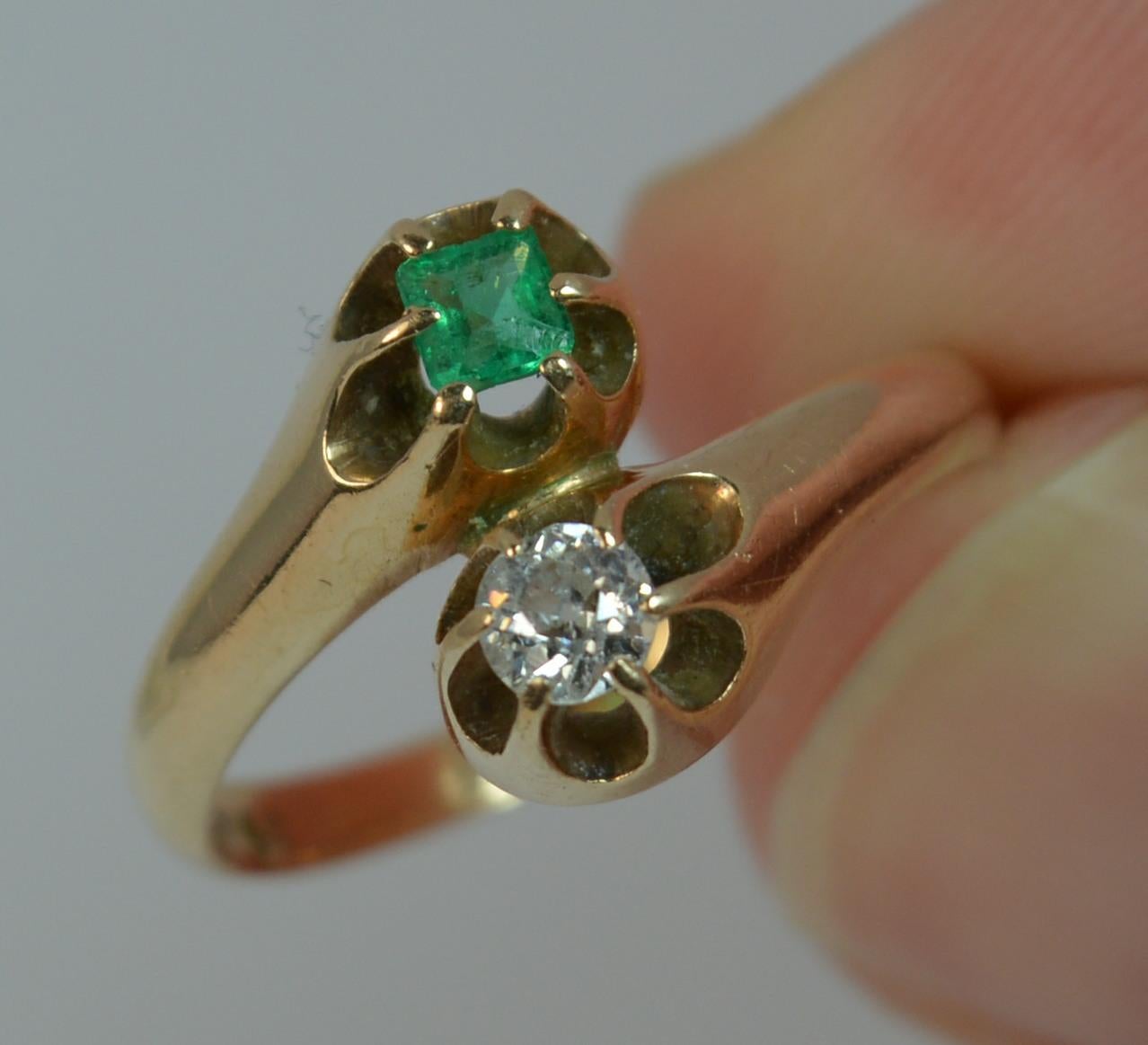 Antique Old Cut Diamond and Emerald Toi et Moi 14 Carat Gold Ring 2