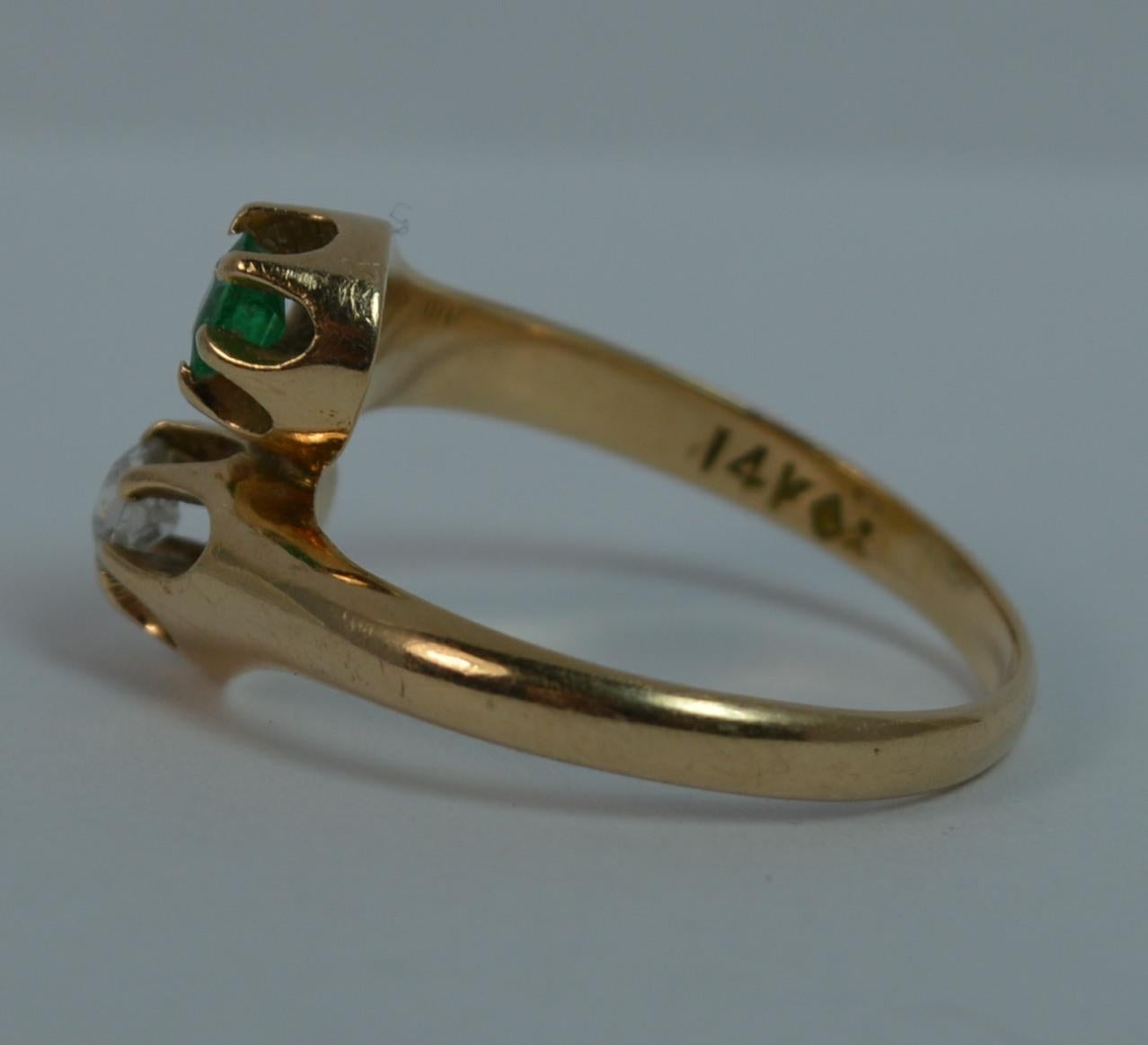 Antique Old Cut Diamond and Emerald Toi et Moi 14 Carat Gold Ring 3