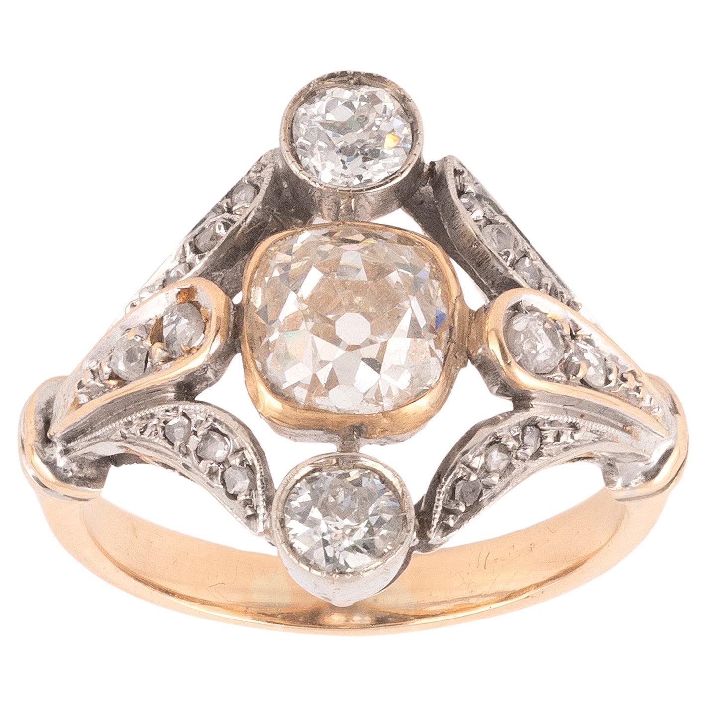 Antique Georgian 18K Yellow Gold Silver Top Rose Cut Cluster Engagement ...