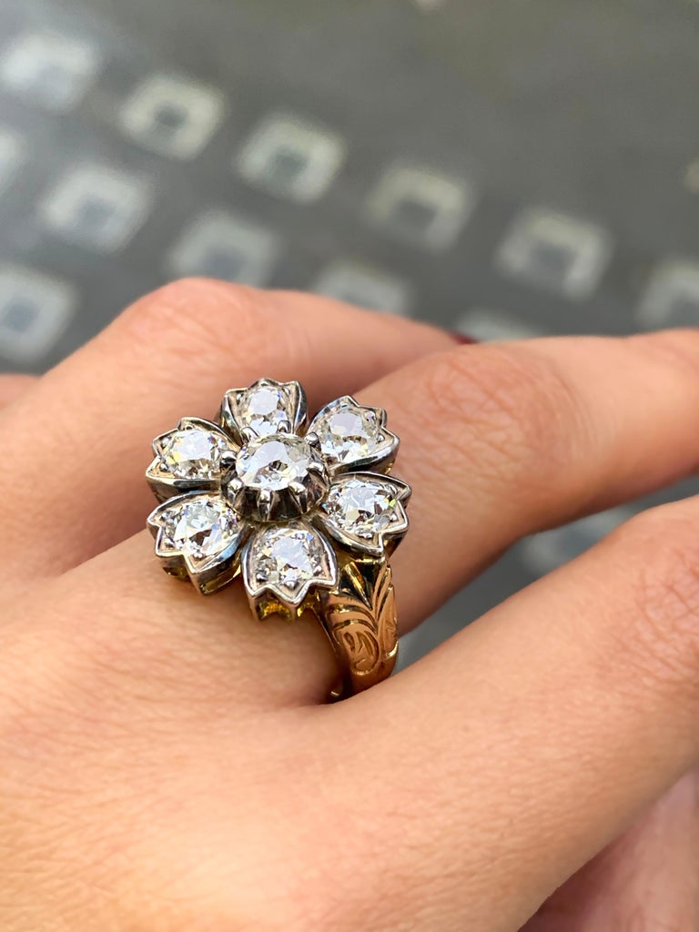 Antique Old Cut Diamond Flower Cluster Silver on 18 Carat Yellow Gold Ring  For Sale at 1stDibs | antique flower ring, antique diamond flower ring