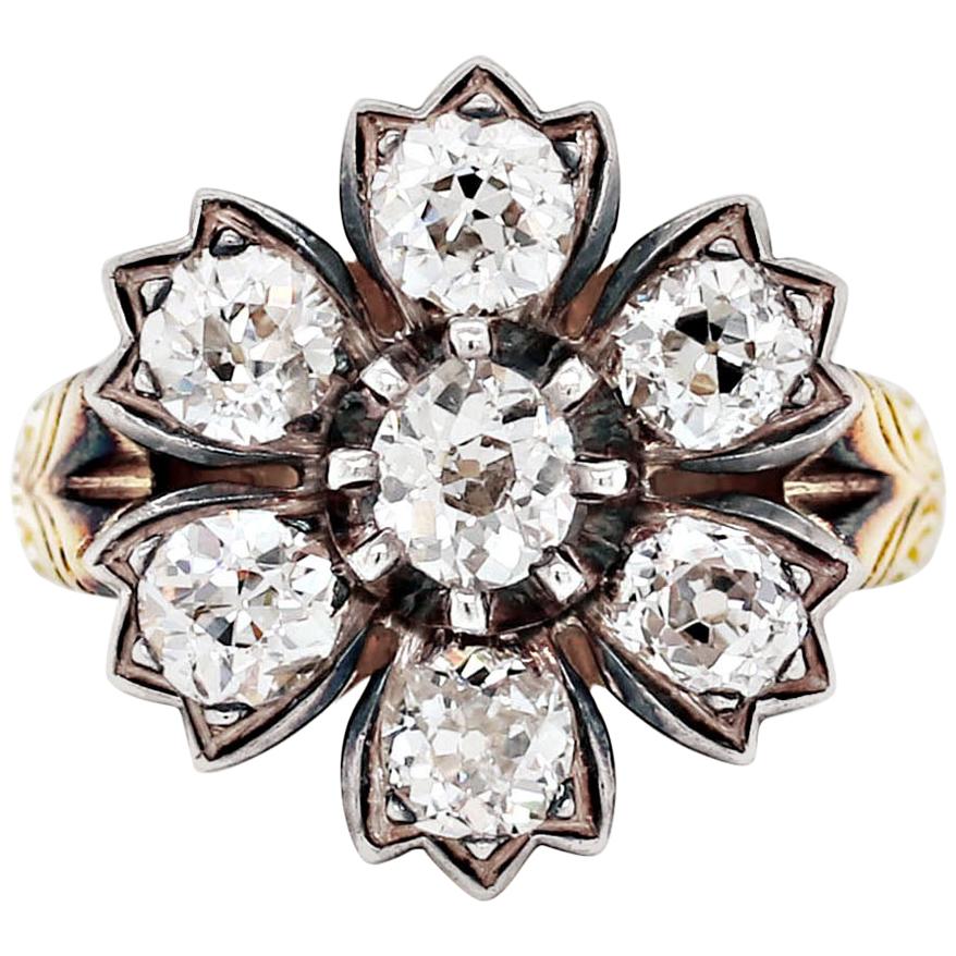 Antique Old Cut Diamond Flower Cluster Silver on 18 Carat Yellow Gold Ring