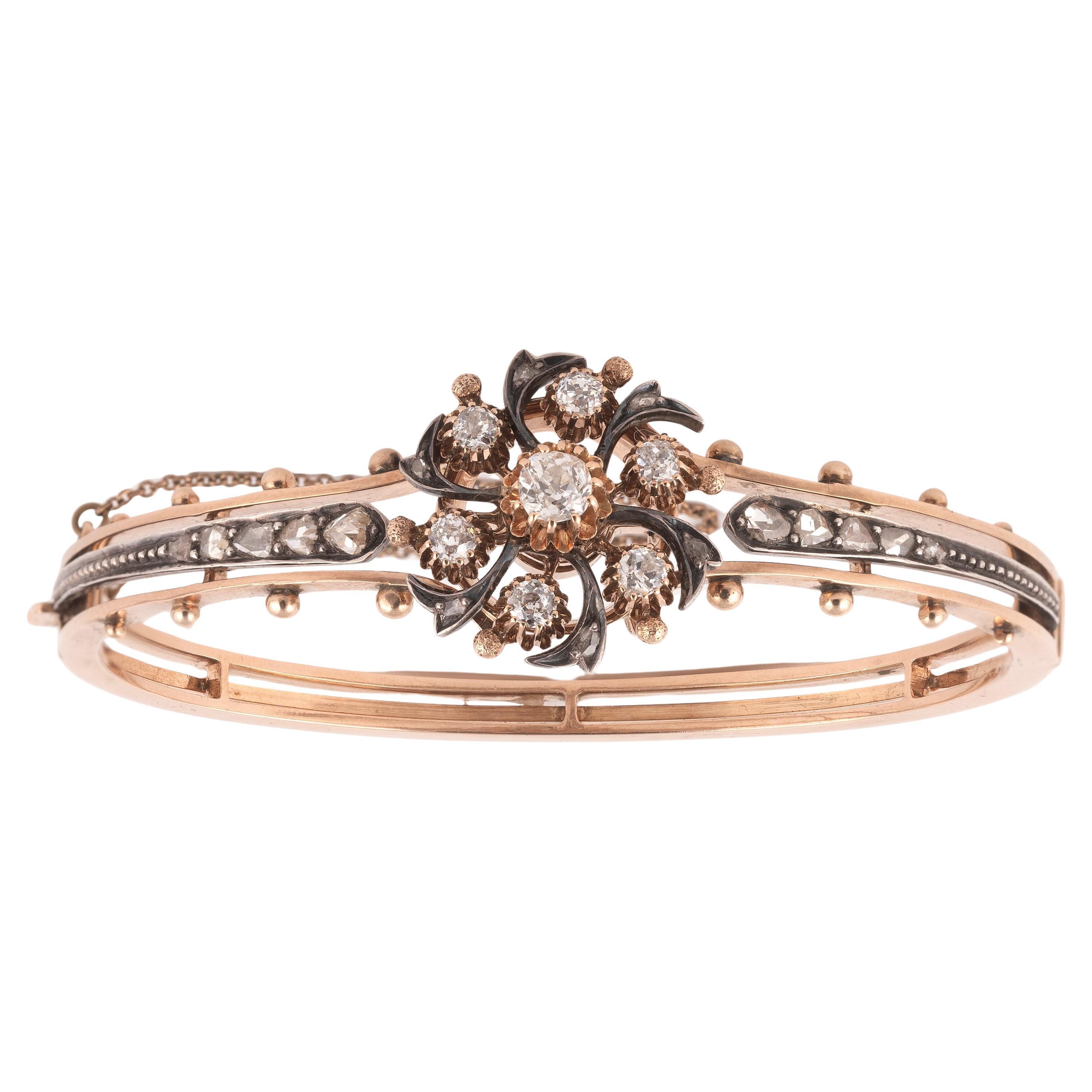 Antique Old Cut Diamond Gold Half Hoop Bangle Bracelet In Excellent Condition For Sale In Firenze, IT