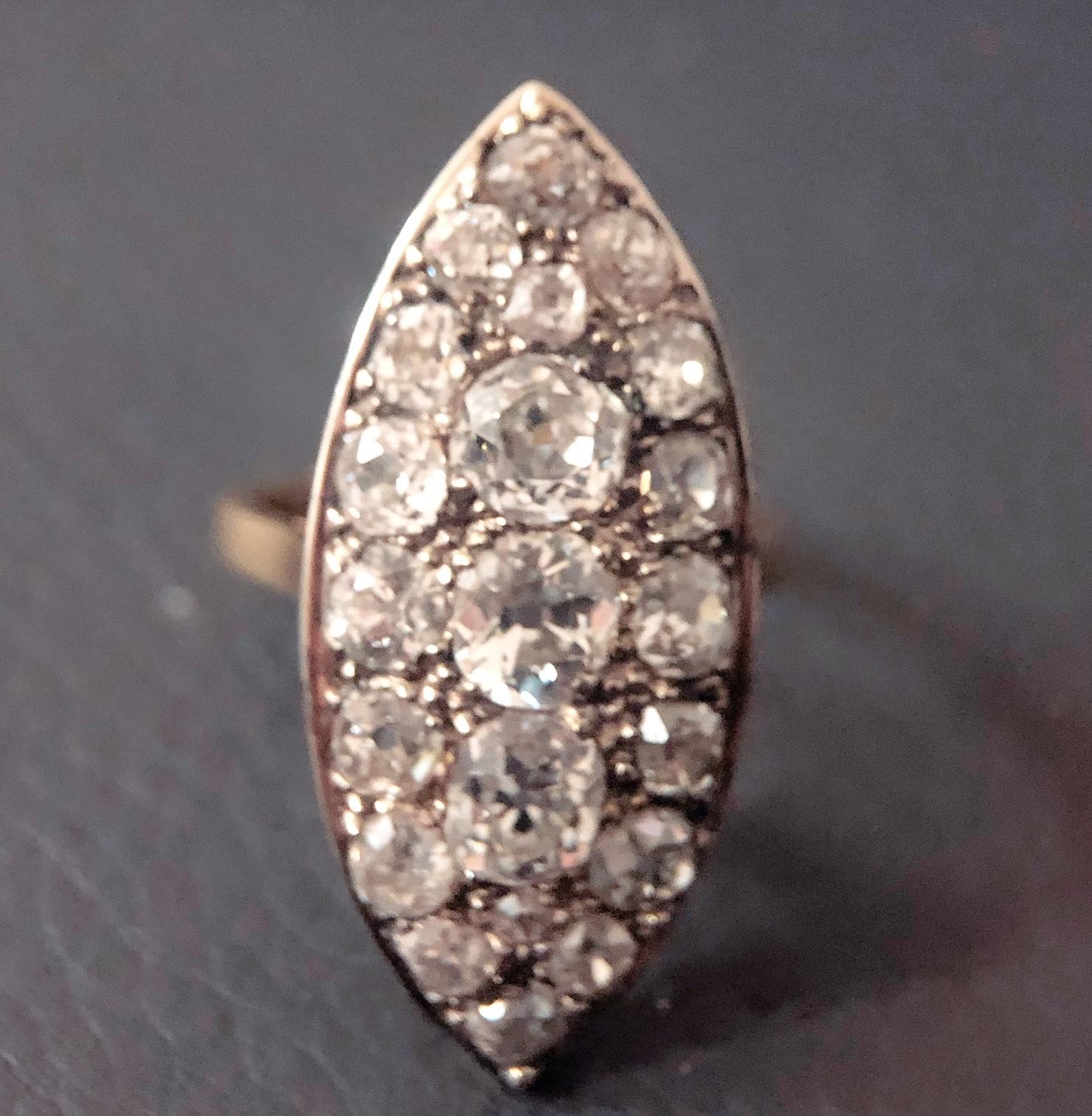 Antique Old-Cut diamond Navette-Shaped Ring Set Throughout With 7cts Diamonds For Sale 13