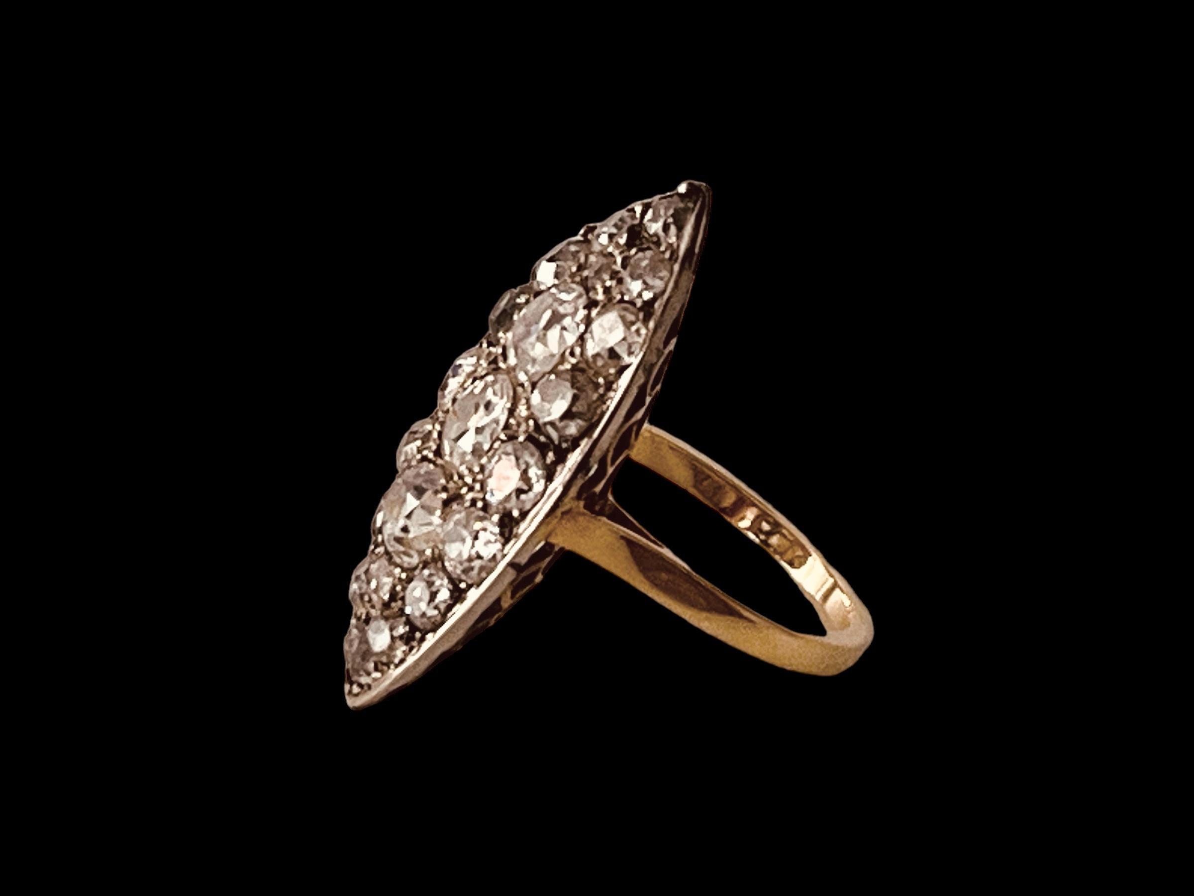 Old European Cut Antique Old-Cut diamond Navette-Shaped Ring Set Throughout With 7cts Diamonds For Sale