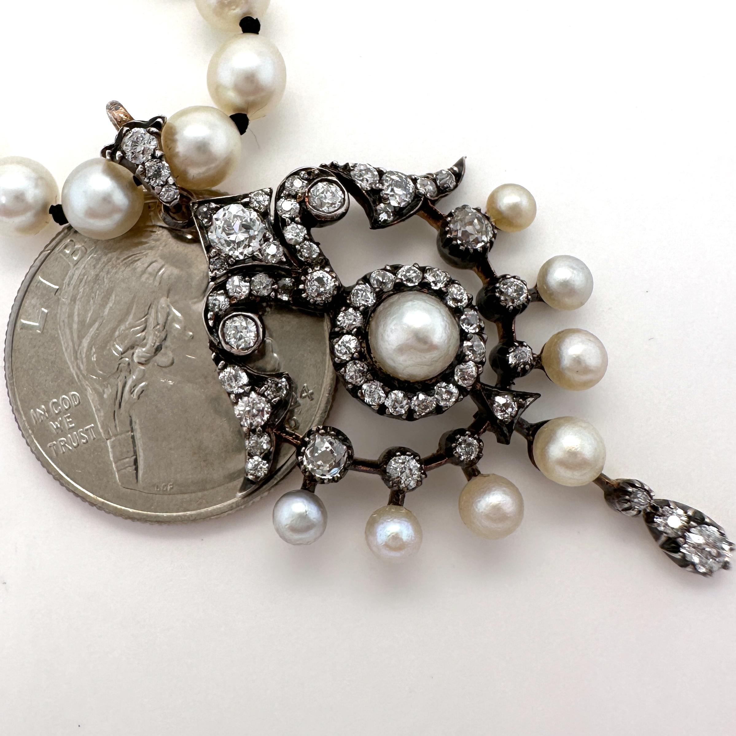Antique Old Cut Diamond & Pearl Gold Pendant with Optional Akoya Pearl Necklace For Sale 4