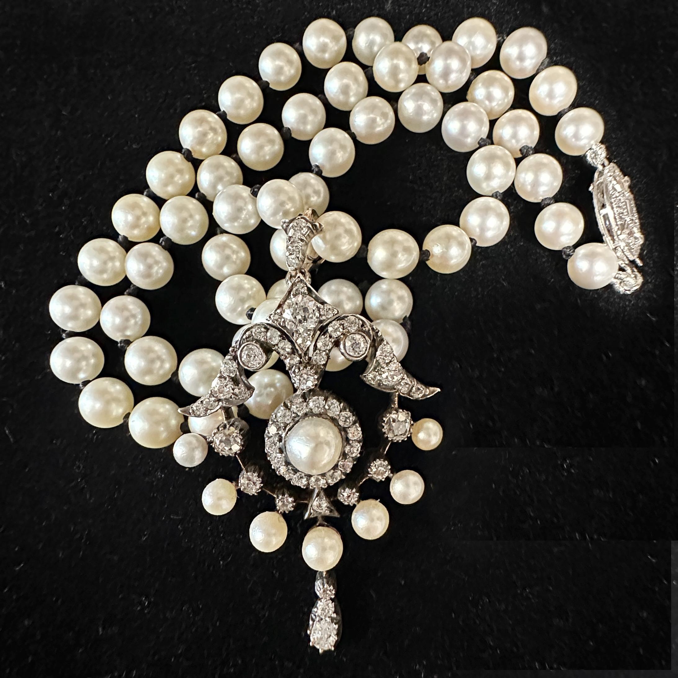 Late Victorian Antique Old Cut Diamond & Pearl Gold Pendant with Optional Akoya Pearl Necklace For Sale