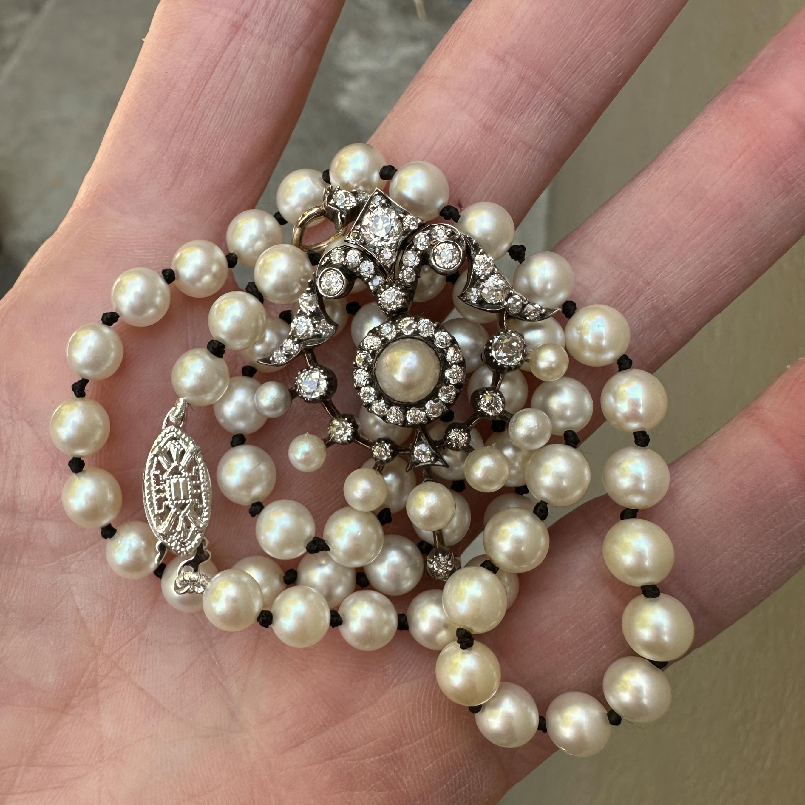 Old European Cut Antique Old Cut Diamond & Pearl Gold Pendant with Optional Akoya Pearl Necklace For Sale