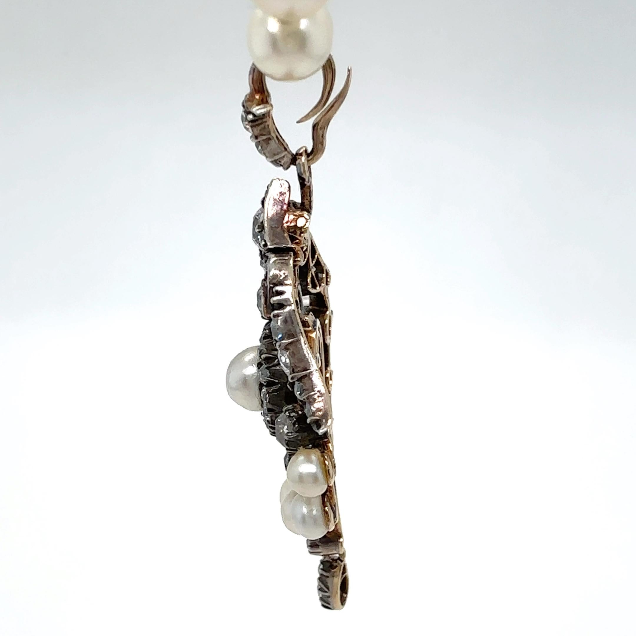 Women's Antique Old Cut Diamond & Pearl Gold Pendant with Optional Akoya Pearl Necklace For Sale
