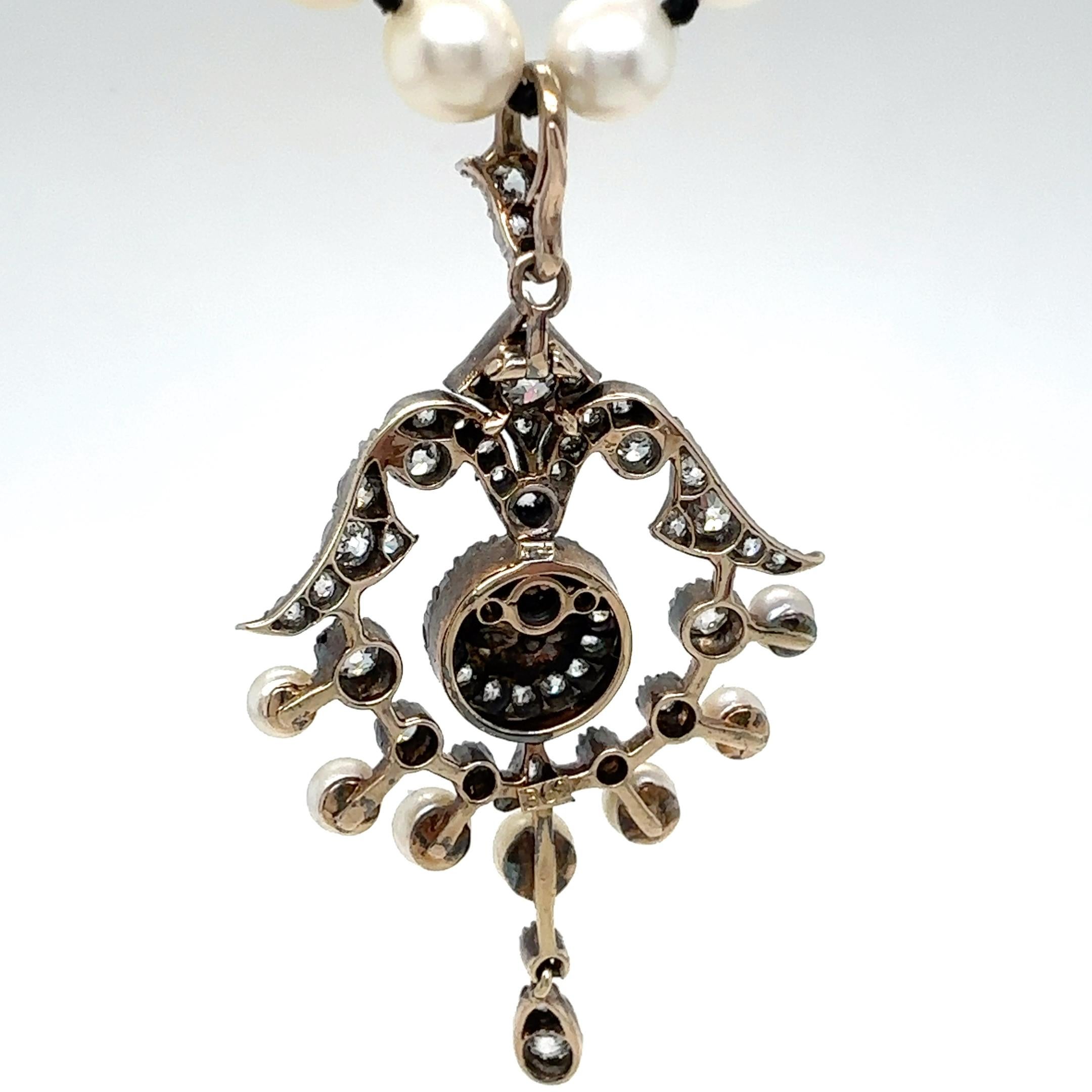 Antique Old Cut Diamond & Pearl Gold Pendant with Optional Akoya Pearl Necklace For Sale 1