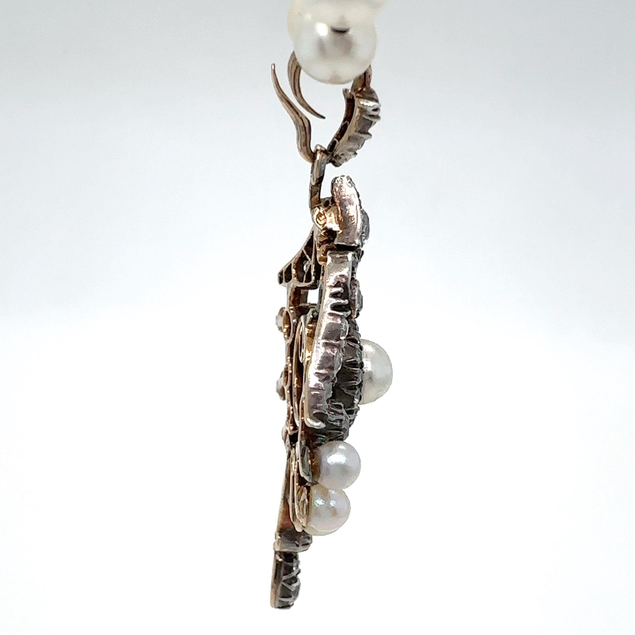 Antique Old Cut Diamond & Pearl Gold Pendant with Optional Akoya Pearl Necklace For Sale 2