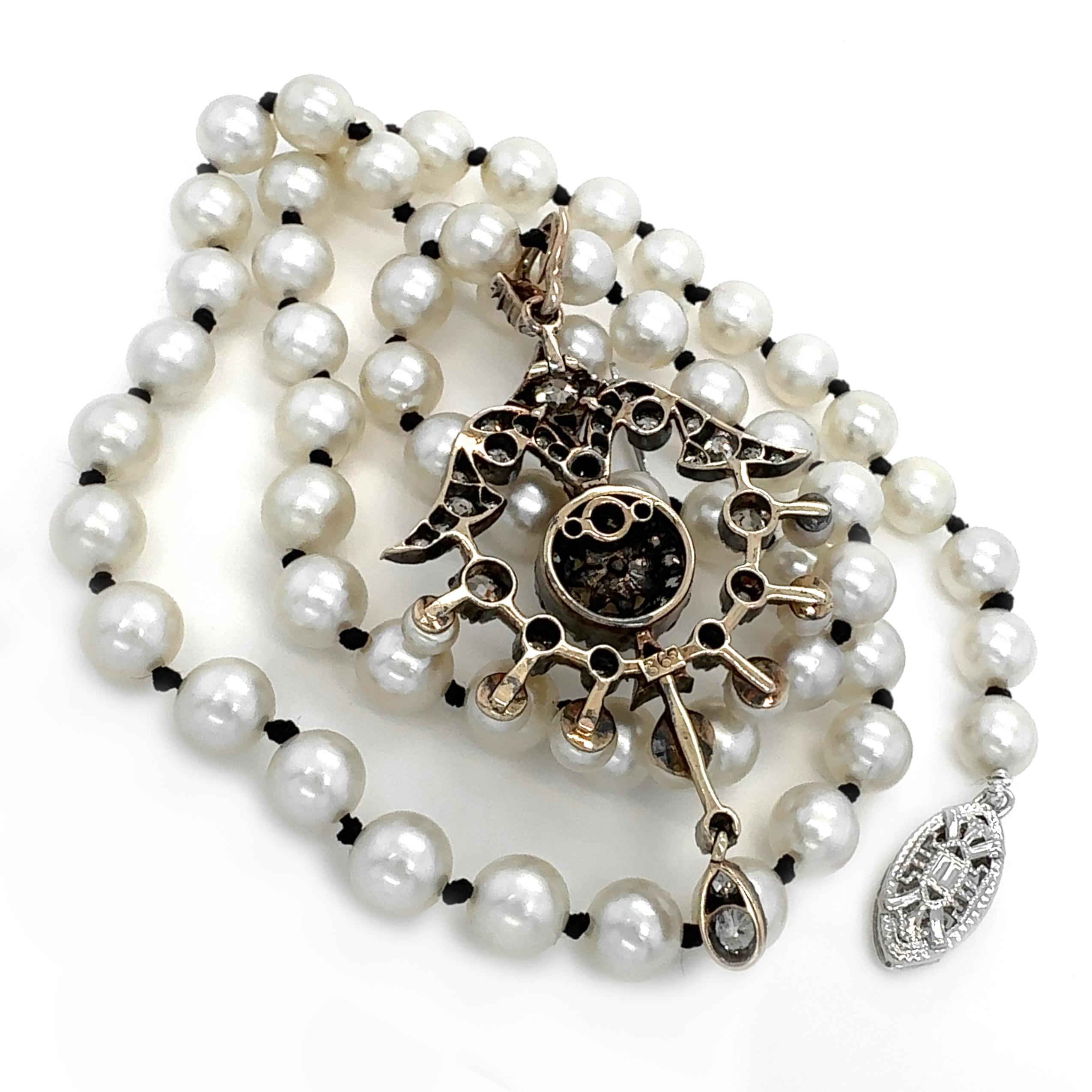 Antique Old Cut Diamond & Pearl Gold Pendant with Optional Akoya Pearl Necklace For Sale 3