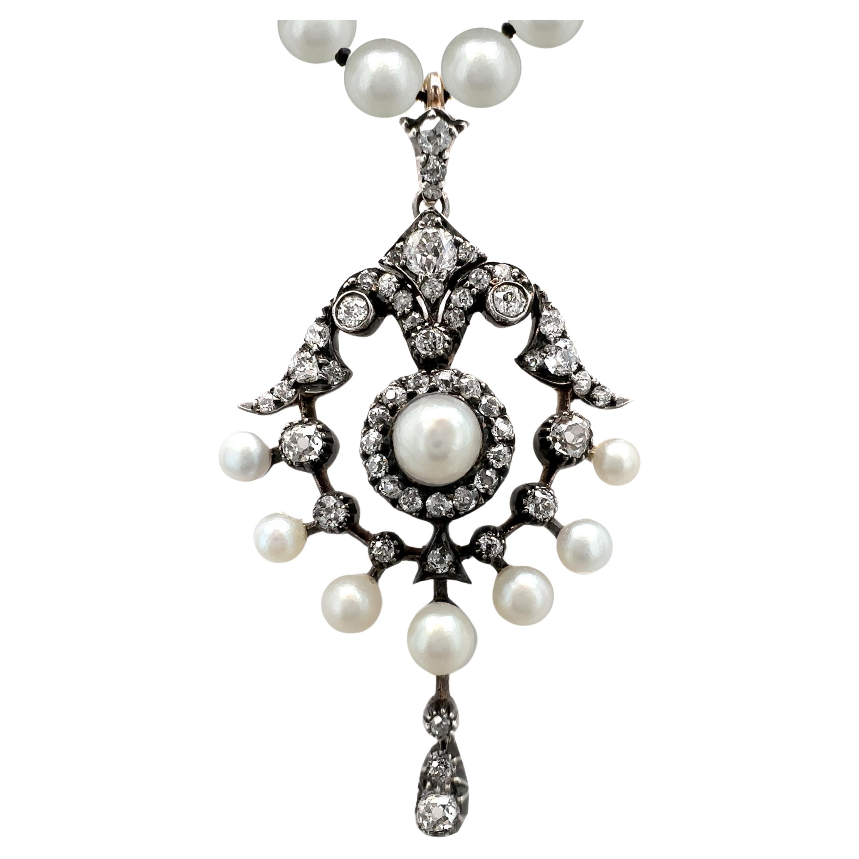 Antique Old Cut Diamond & Pearl Gold Pendant with Optional Akoya Pearl Necklace